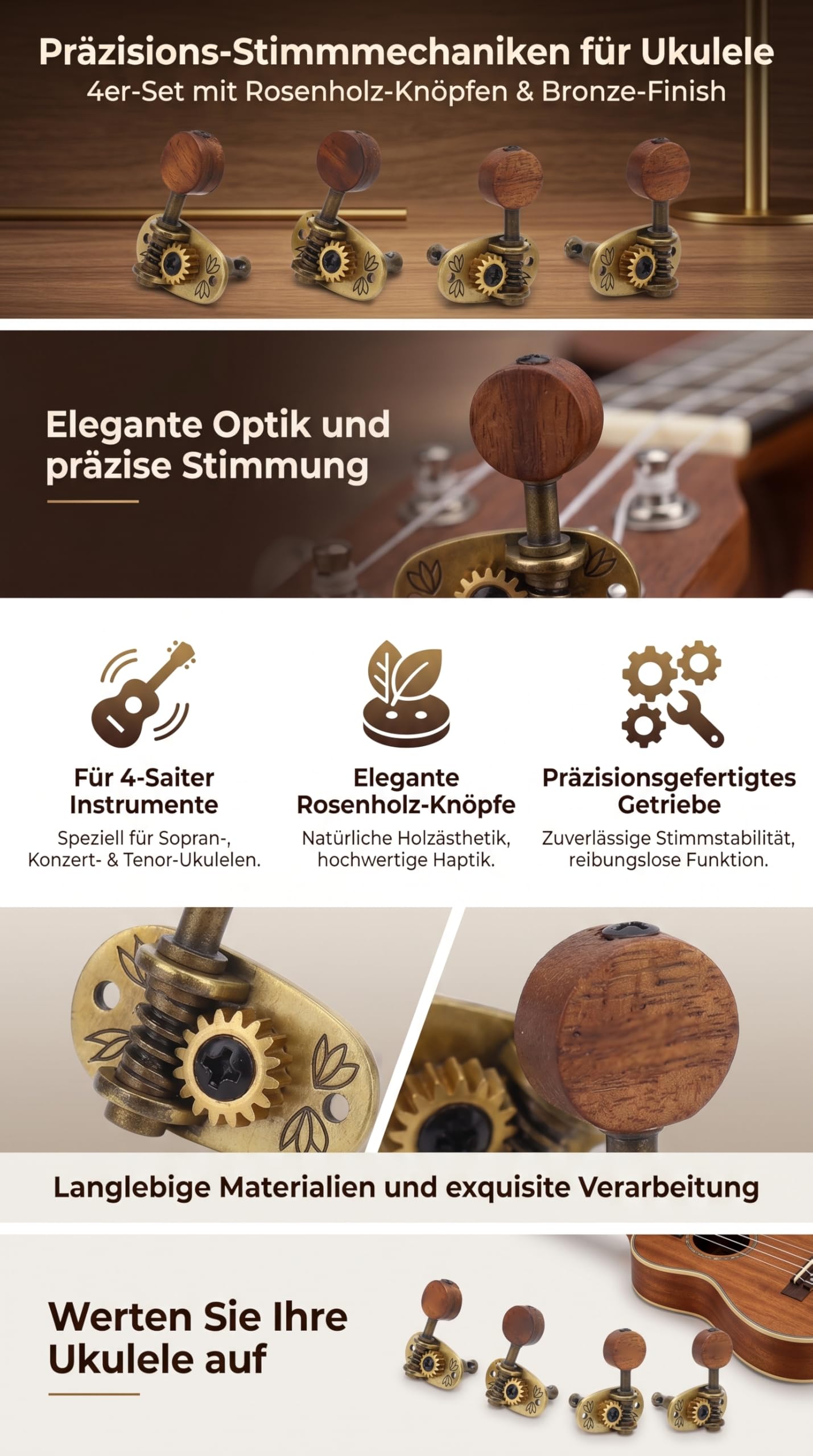 Chevilles de Réglage pour ukulélé, 4 Têtes de Machine Classiques 2L2R avec Boutons en Bois élégants pour Accessoires de ukulélé à 4 Cordes