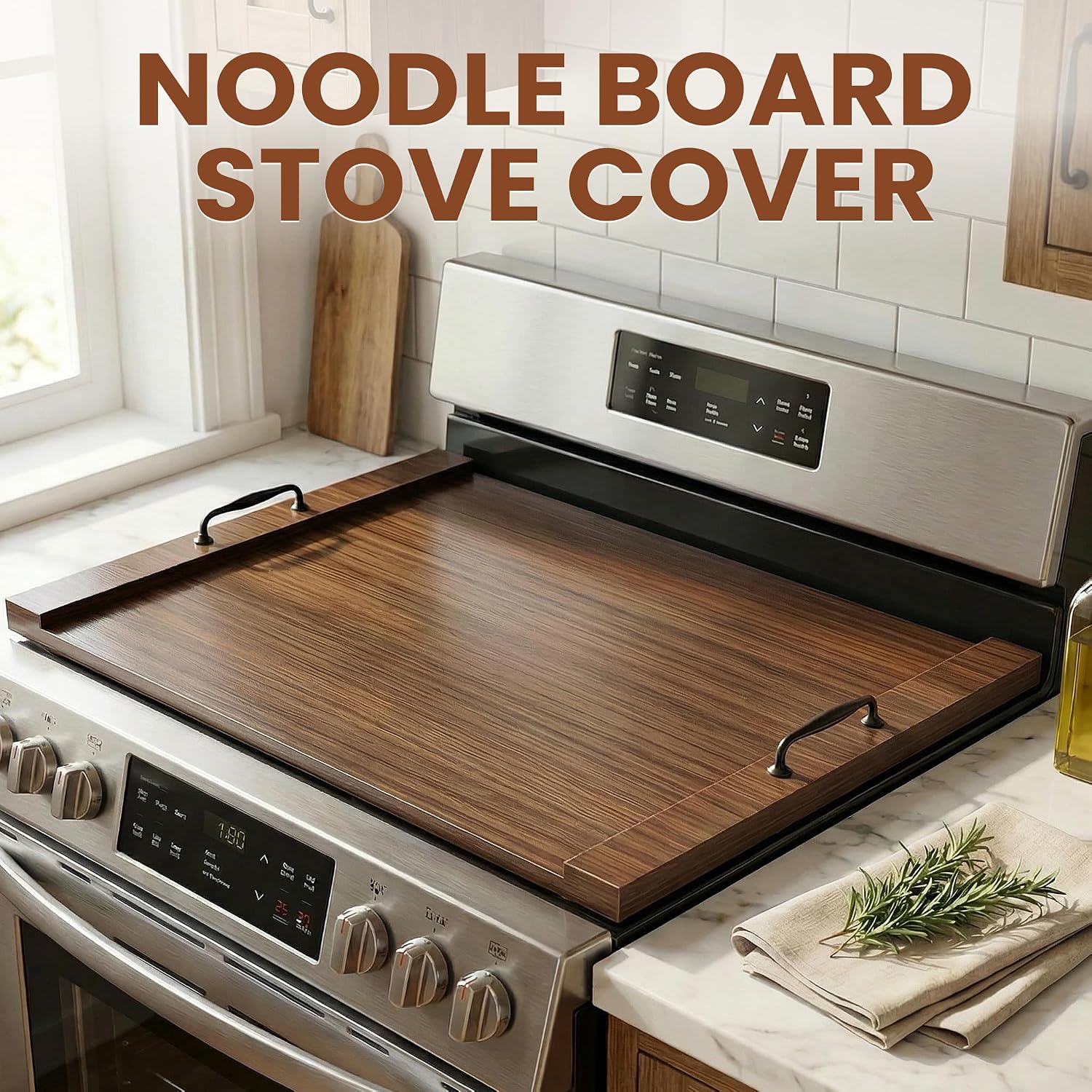 Noodle Board Stove Cover, Wooden Stovetop Cover with Non-Slip Feet, Handle & Raised Lip, Extra Counter Space for Kitchen (29.5” x 22” Walnut)