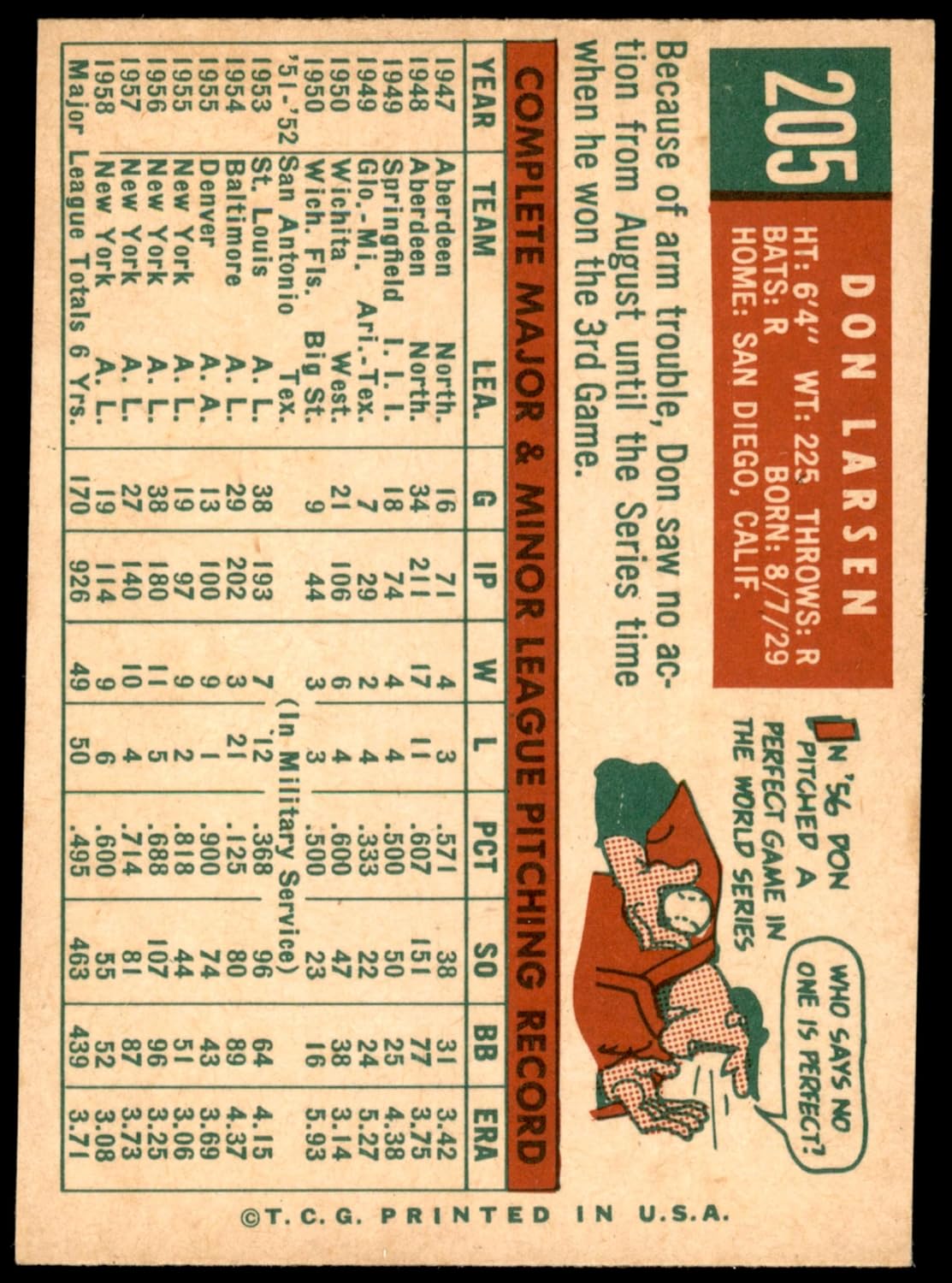 1959 Topps #205 Don Larsen New York Yankees (Baseball Card) EX Yankees