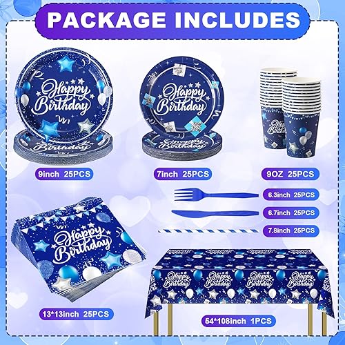 Miniatura 2 de Norme Juego de vajilla de cumpleaños de 176 piezas, color azul marino y plateado, incluye mantel, platos de papel, servilletas, vasos de papel,