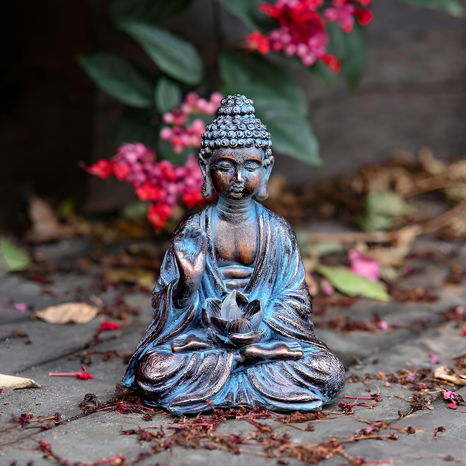 Buddha da giardino con luci a LED di loto, statua Zen in resina, decorazione cortile, terrazza, davanzale