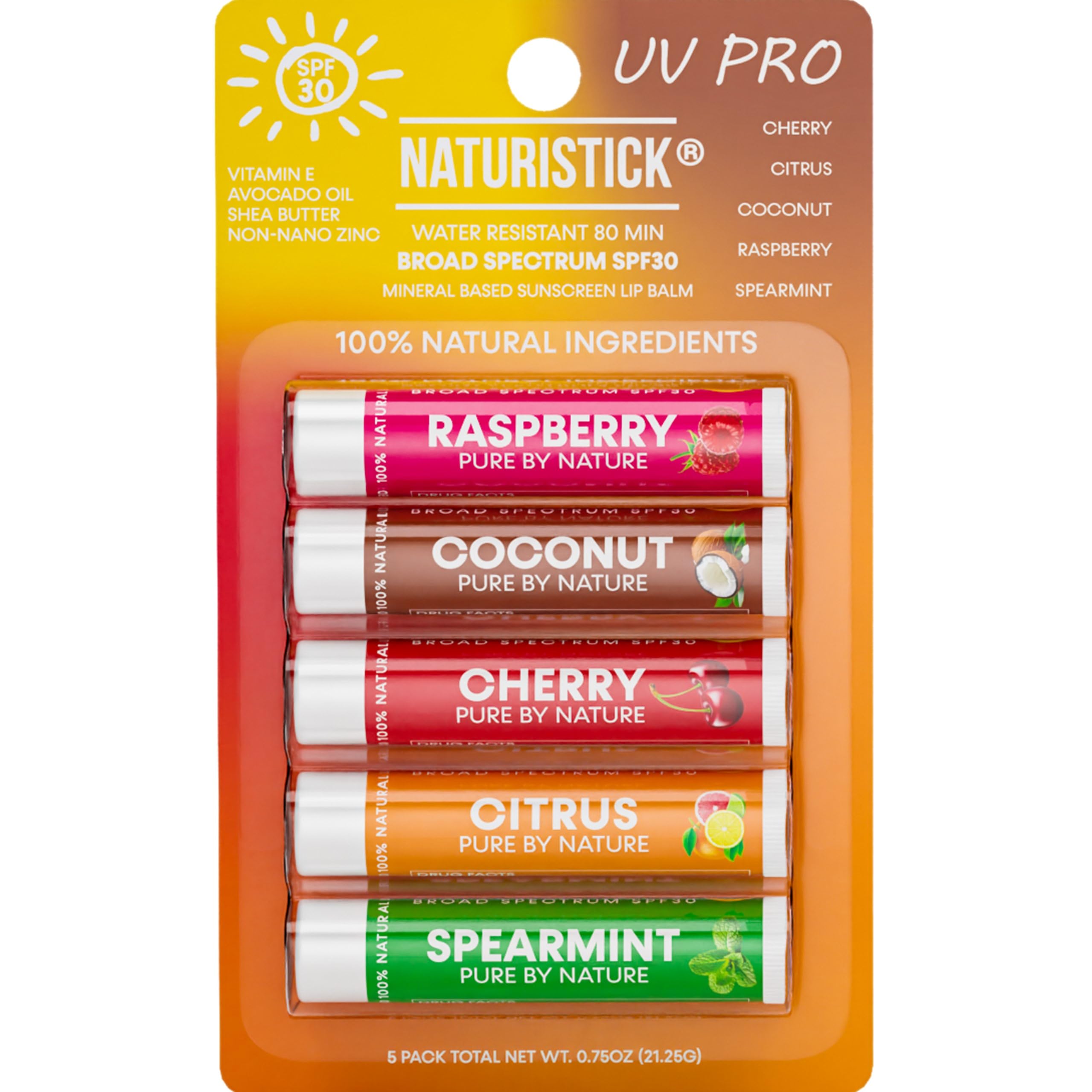 Naturistick UV Pro® Mineral SPF 30 Lip Balm – Assorted (5-Pack), Broad Spectrum Sun Protection