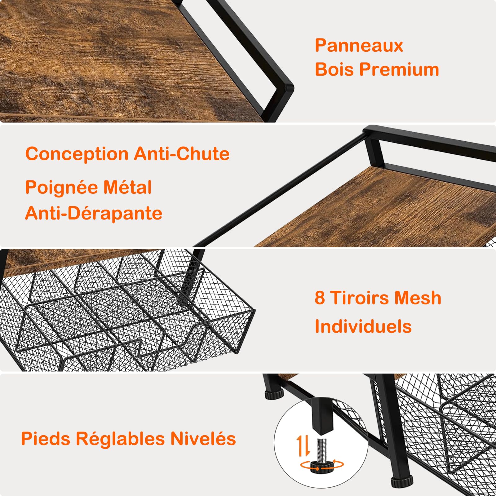 Boîte à thé, Boîte en Bois à Thé Rangement avec 8 Compartiments, Organisateur de Sachets de Thé avec Tiroir de Rangement en Métal, Boîte de Stockage Élégante pour Comptoir de Cuisine