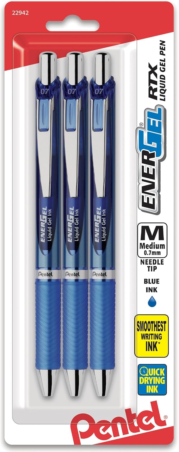 Pentel EnerGel RTX Retractable Liquid Gel Pen, (0.7mm), Medium Line, Needle Tip, Black Ink, Pack of 3 (BLN77BP3A)