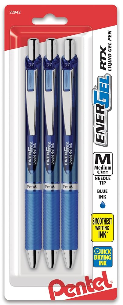 Pentel EnerGel Deluxe RTX Retractable Liquid Gel Pen, (0.7mm), Needle Tip, Blue Ink, 3 Pack (BLN77BP3C)