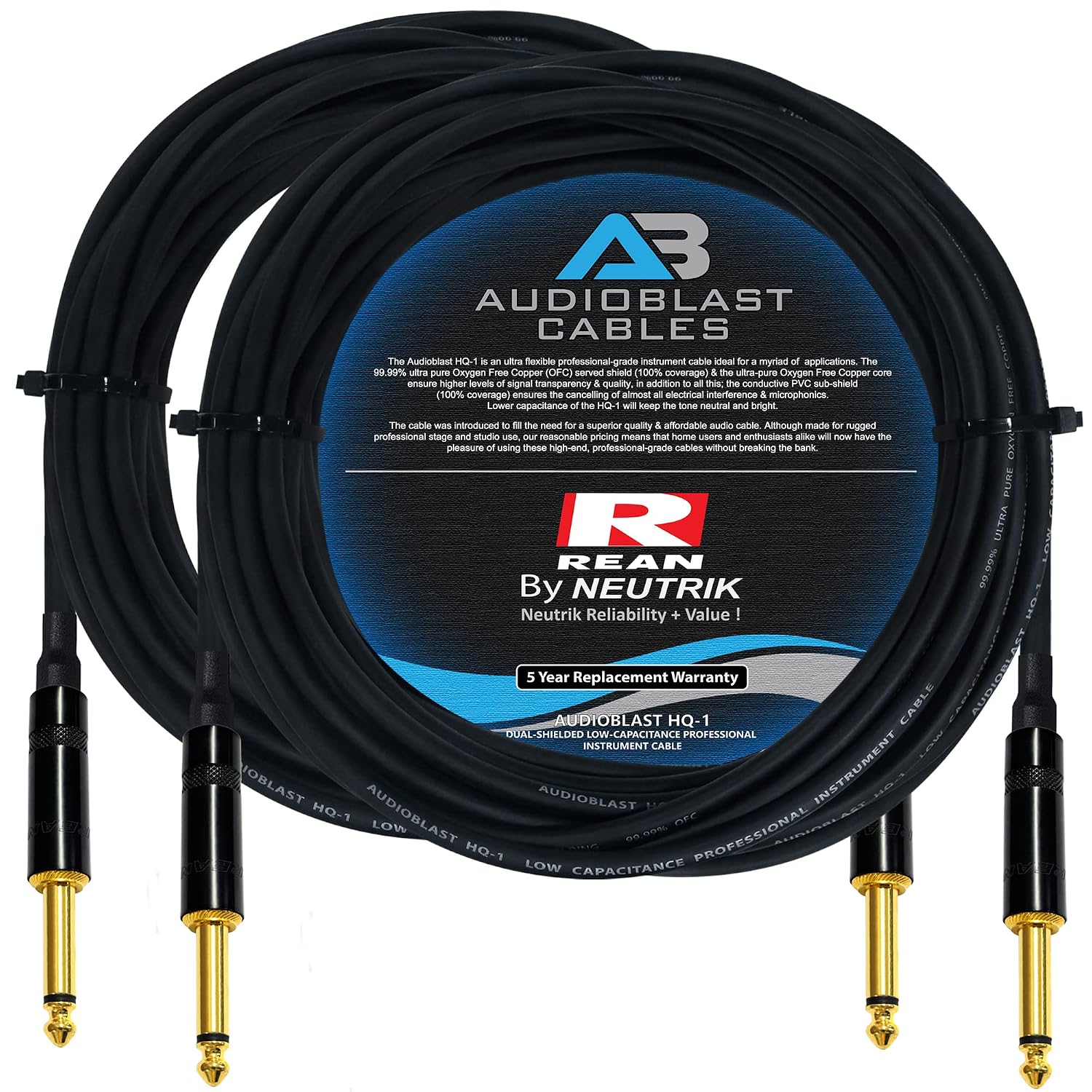 Audioblast - 2 Units - 30 Foot - HQ-1 - Ultra Flexible - Dual Shielded (100%) - Guitar Instrument Effects Pedal Patch Cable w/Neutrik-Rean NYS224BG Gold ¼ inch (6.35mm) TS Plugs & Triple Boots