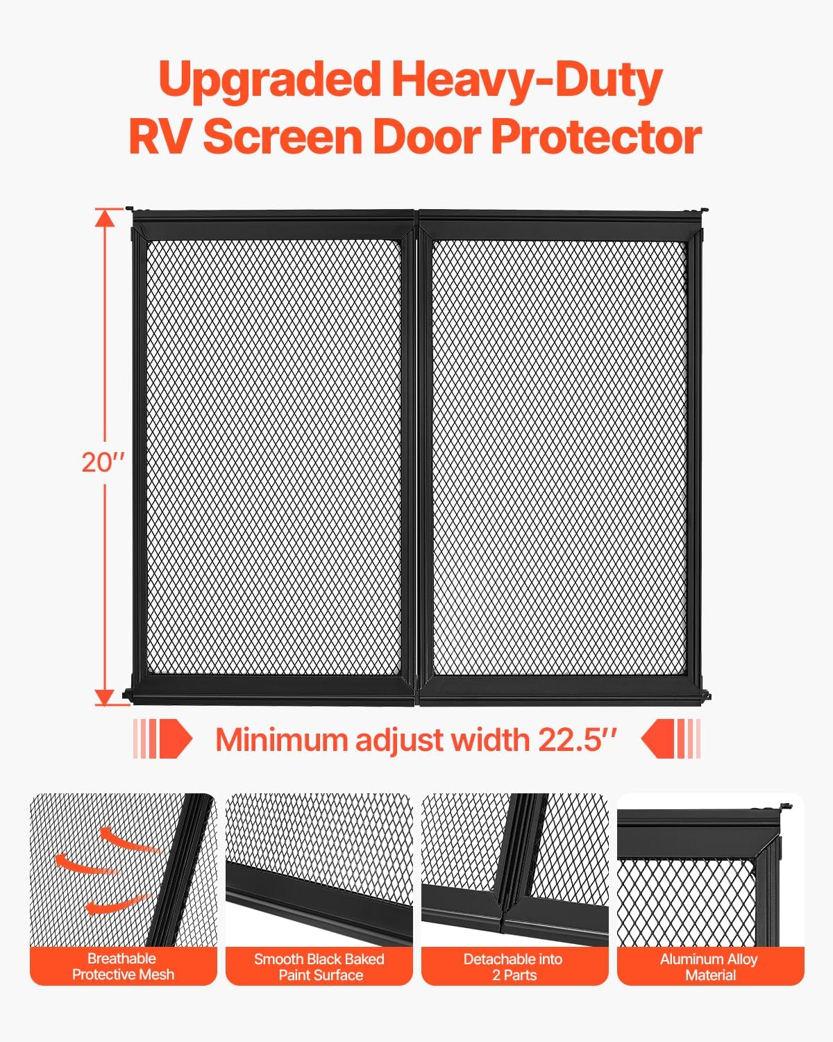 VEVOR RV Screen Door Protector, 22.5 x 20 inch Door Grille, Easy to Install and Disassemble, Reinforced Breathable Protective Mesh, Aluminum Alloy Camper RV Entry Protector for Pet Protection, Black 20 x 22.5 in