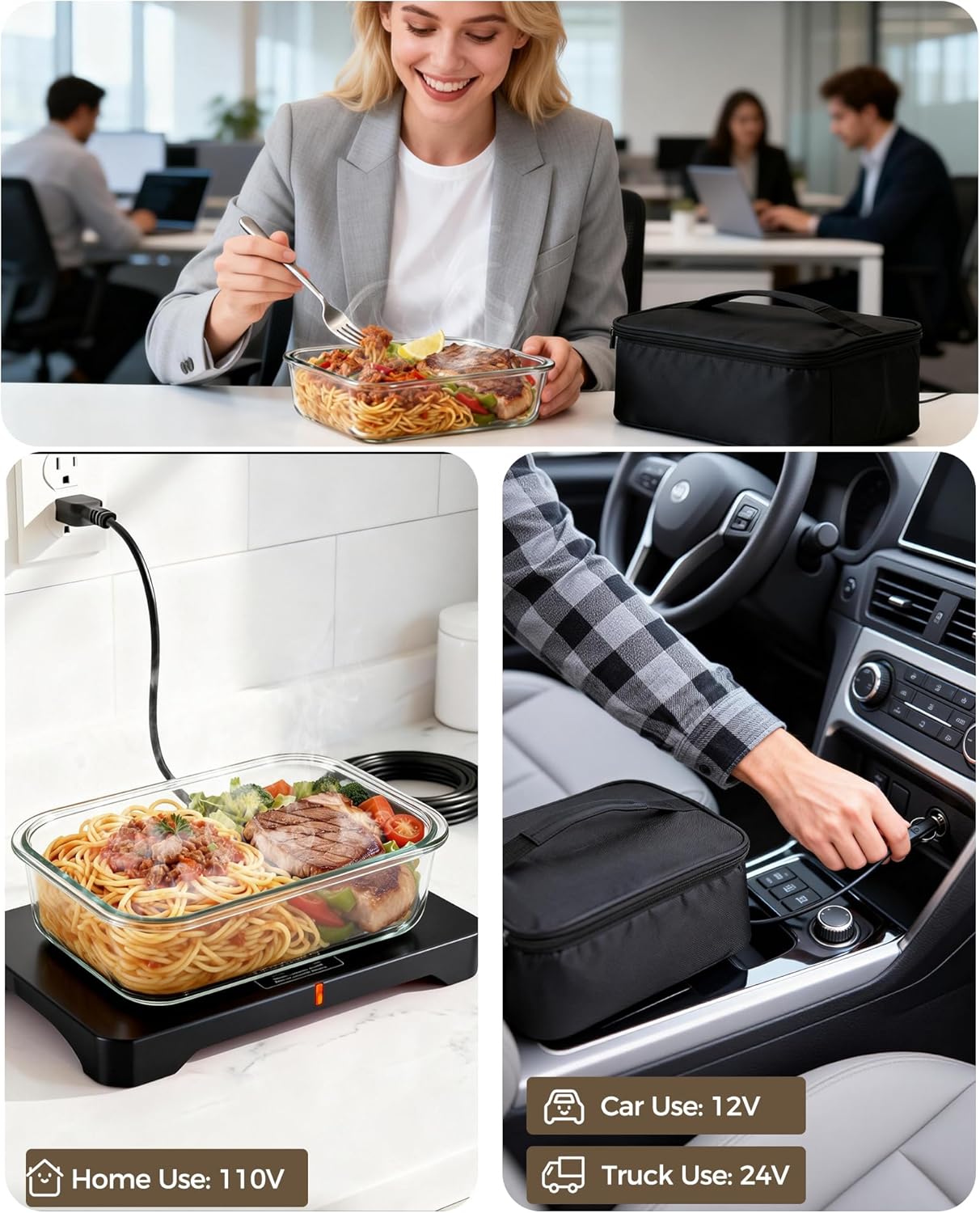 Mini Electric Heated Lunch Box 100W, 3 in 1 Portable Food Warmer for Adults, Great for Reheat & Cook in Car Truck Office Home Travel, 12V/24V/110V-Black
