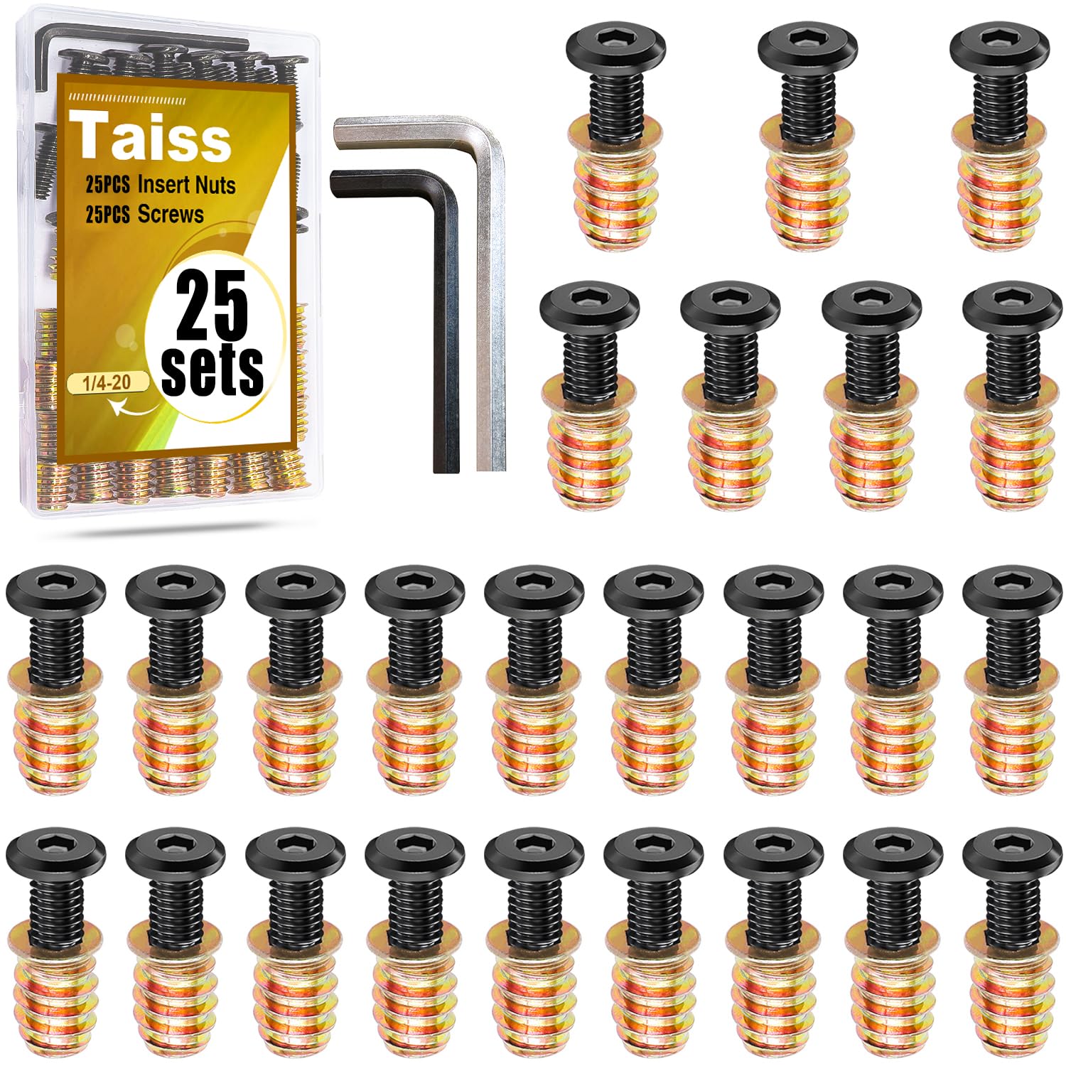 Taiss 30 Sets Threaded Inserts for Wood Furniture Screws 1/4-20 x 3/4",1/4-20 x 19/32" Nut Threaded Wood Inserts Bolt Fastener Connector Hex Socket Drive Screw-in Nuts with Hex Spanner