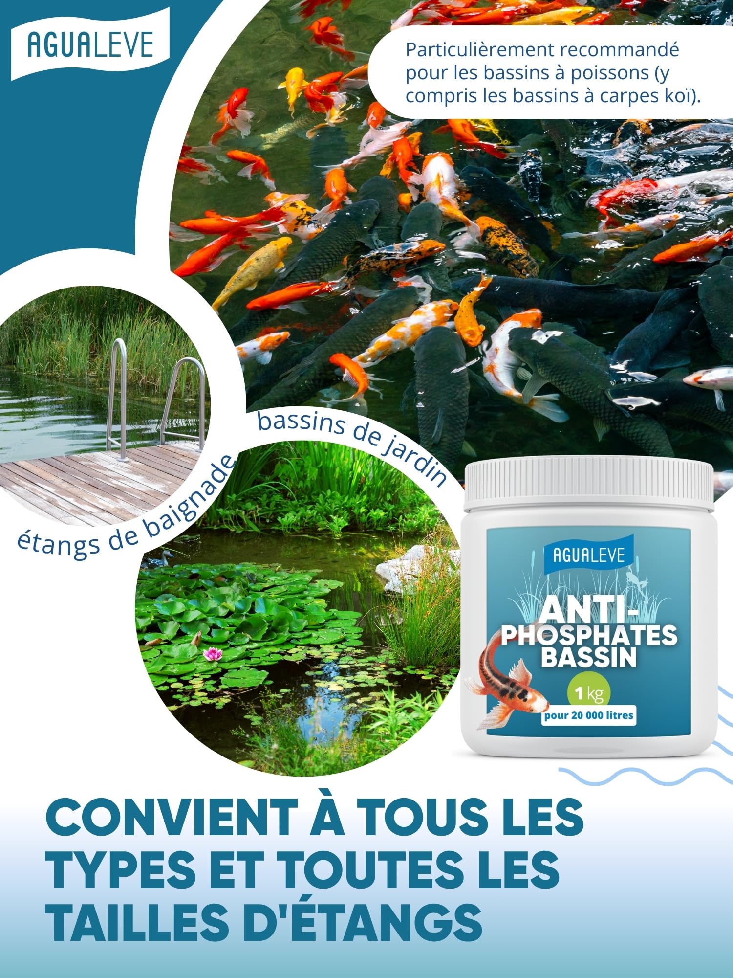 AGUALEVE® Phosstop 1 kg | lie phosphates après la lutte contre les algues et empêche ainsi la formation de nouvelles algues | pour bassins à poissons et baignade | Fabriqué en Allemagne | pour 20000 l