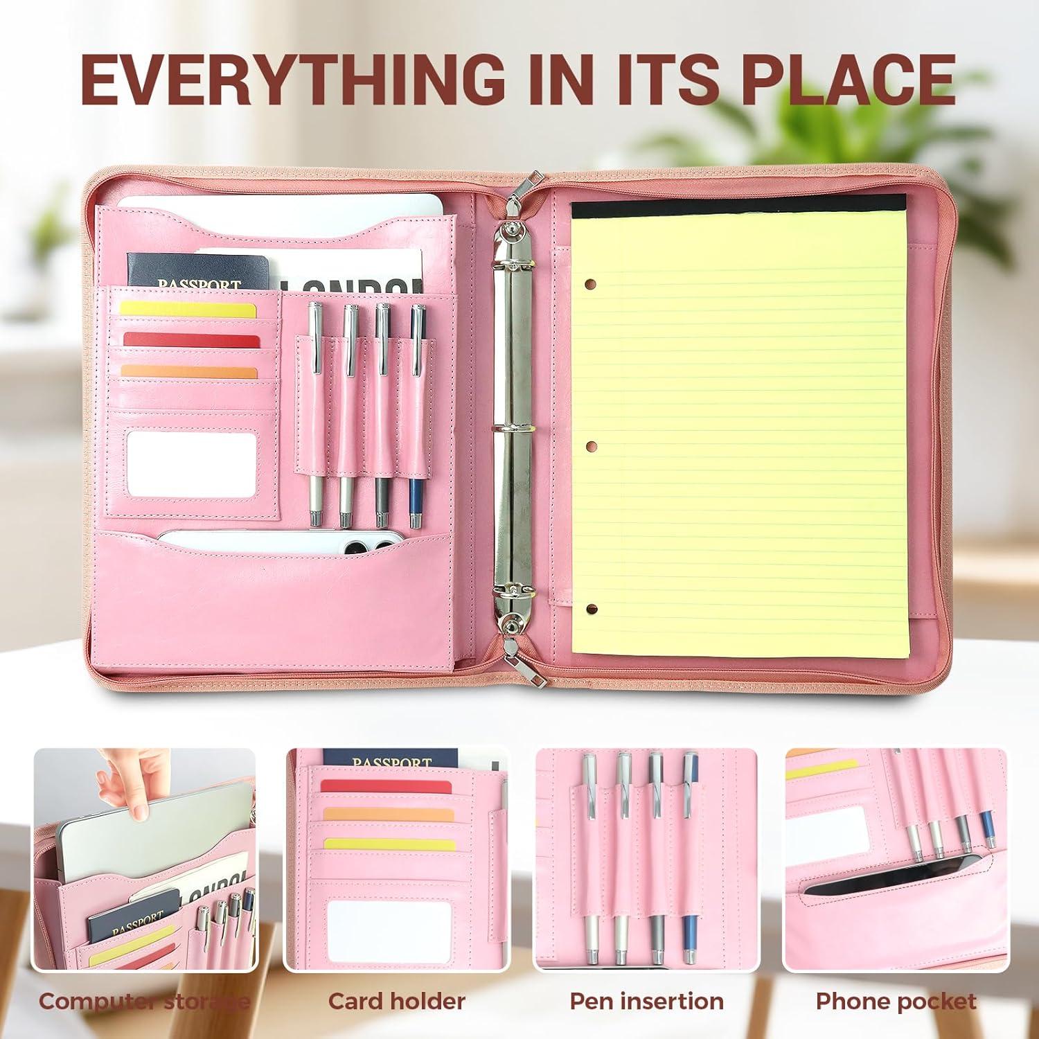 Faux Leather Zippered Padfolio with 3 Ring Binder, Executive Portfolio Organizer Binder for Women, Fits 13.9" Laptop/Tablet, Refillable Writing Pad Pocket, Pink