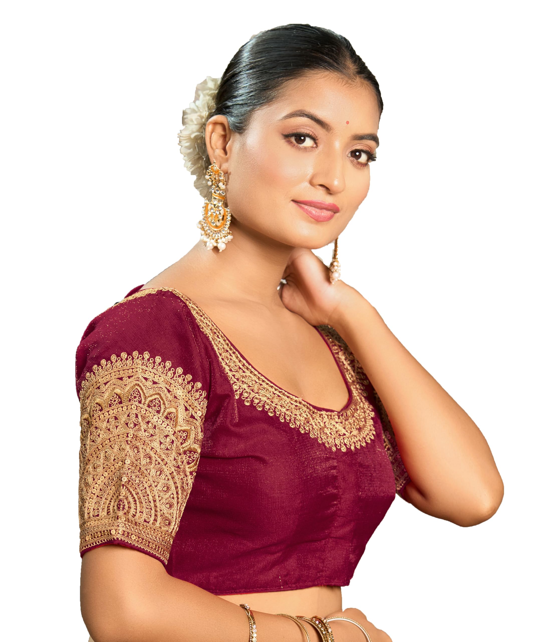Vihu Fashion Women's Readymade Blouse Embroidery Multi Coding Dull Golden Sequence Work Indian Ethnic Designer Stitched Readymade Saree Half Sleeve Maroon Blouse For Women For Saree Lehenga Choli