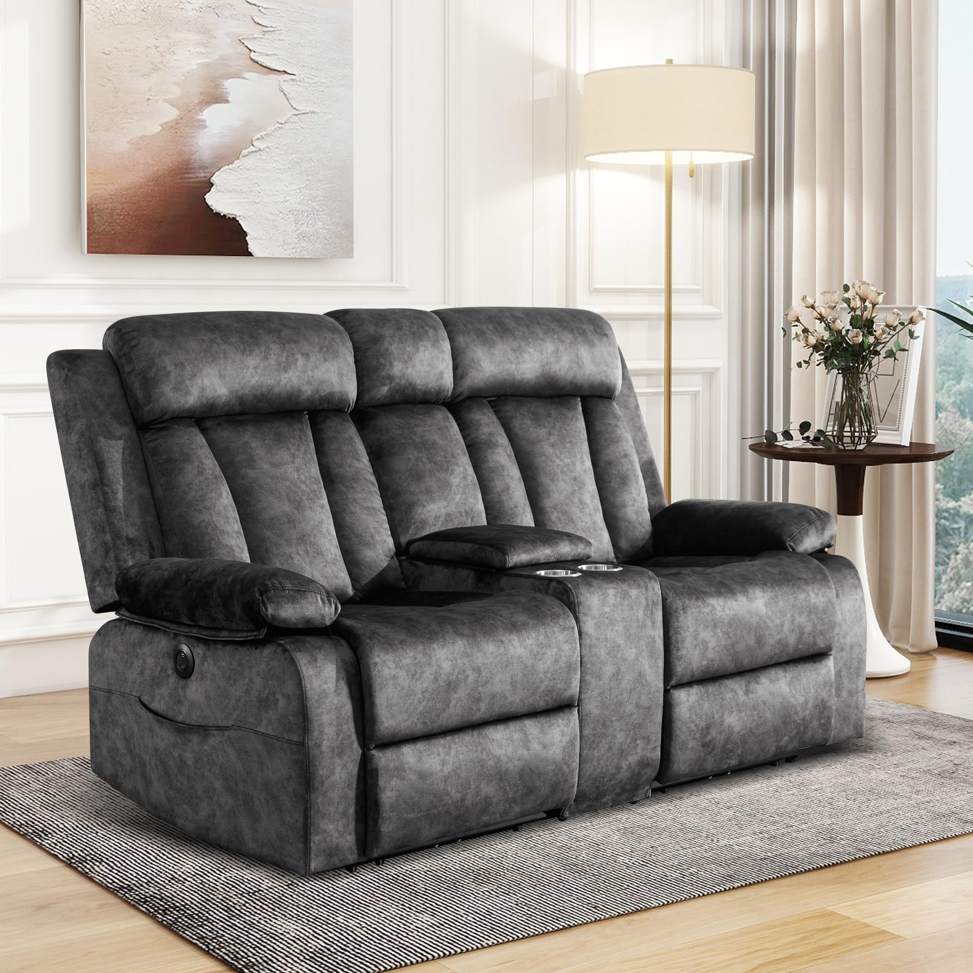 GUEAPY Reclining Loveseat-Power Reclining Loveseat with Console,Double Recliner Loveseat with Heat and Massage,Electric Loveseat Recliner with Cup