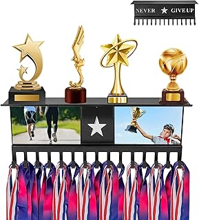 BANDUN Heavy Medal Hanger Display with Shelf-Trophy Shelf and Medal Holder for Wall-Trophy and Medal Display Shelf with 15 Medal Hook and 2 Pieces of 4x6 Photo Stickers- Best Gift for Athlete（Black）