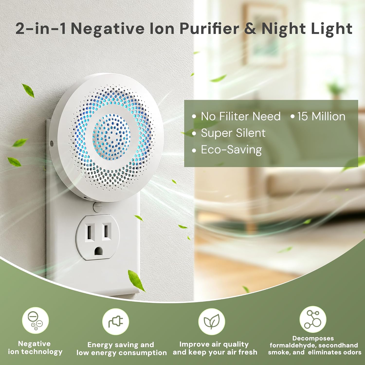 Plug In Air Purifier, Negative Ion Air Ionizer, Air Freshener Night Light | 2 Pack Quiet Air Ionizer with Warm White Auto Night light, Normal & Sleep Modes, Air Ionizers for Home, Bedroom & Travel