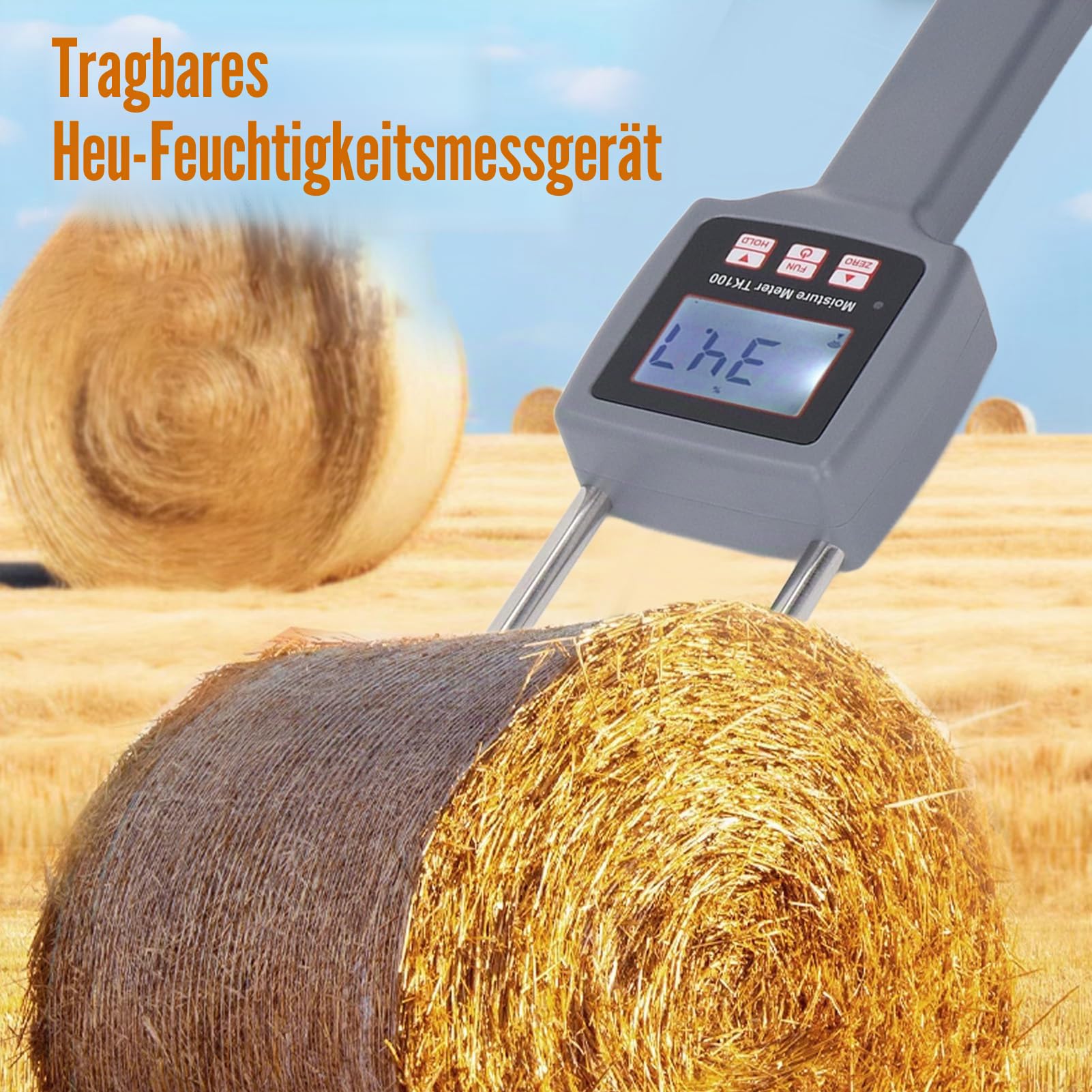 Heu-Feuchtigkeitsmesser, Tragbarer Heu-Feuchtigkeitsmesser-Detektor mit Sonde für Getreidestroh, Futtergras, Kleie, Hintergrundbeleuchtetes Display, Heu-Feuchtigkeitstester mit