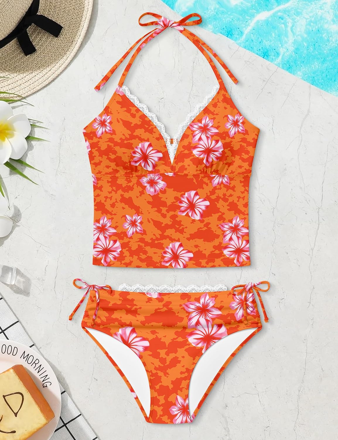 Girls Tankini Swimsuit 2 Piece Halter V Neck Bathing Suit Floral Print Lace Trim Tank Top Drawstring Bottom Swimwear 7-14Y