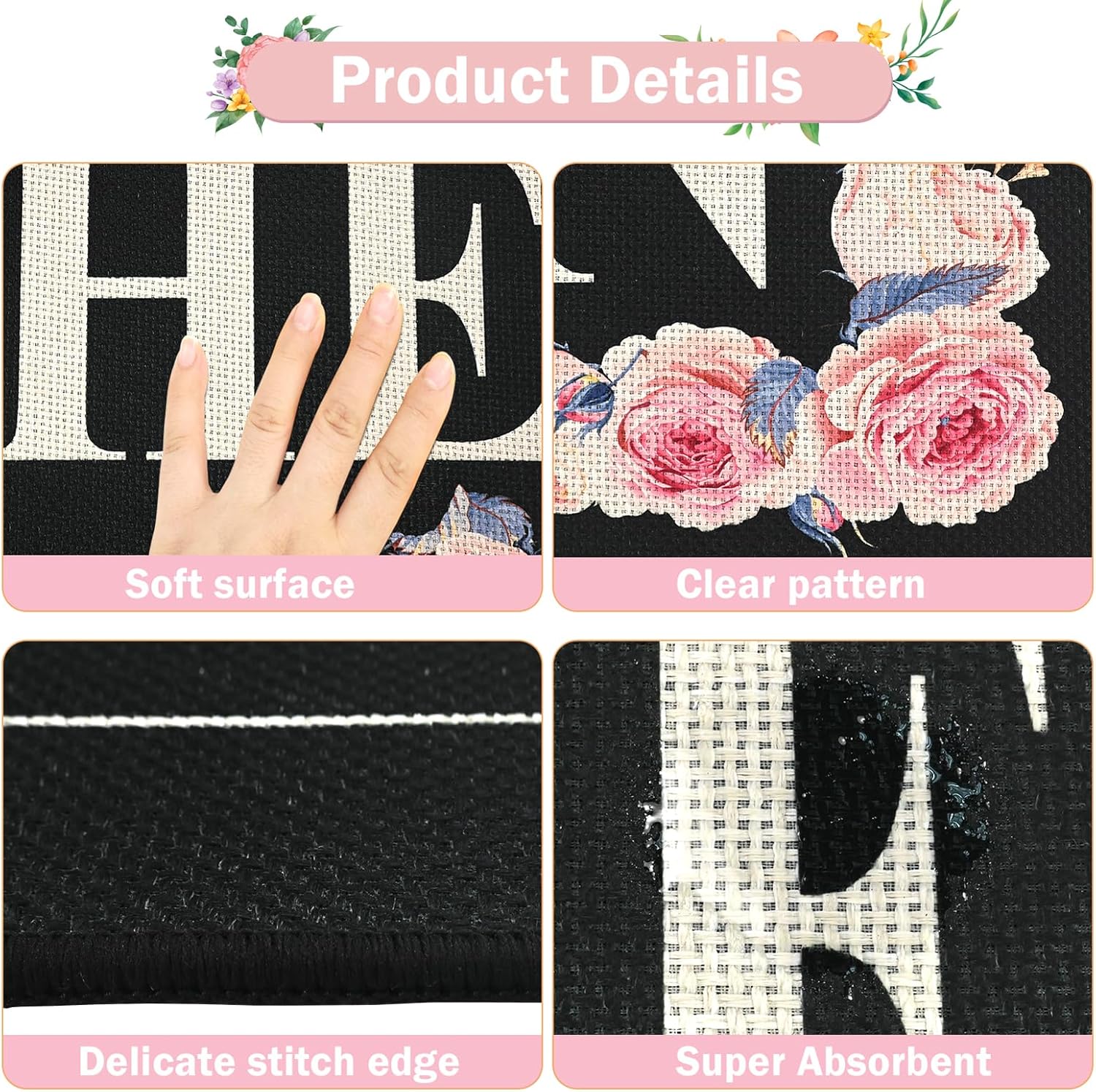 Black Floral Kitchen Rugs Mats for Floor 3PCS, Farmhouse Non Slip Kitchen Rug Runner, Washable Non Skid Kitchen Rugs, Comfort Standing Mat for Laundry, Desk, Bar, Office