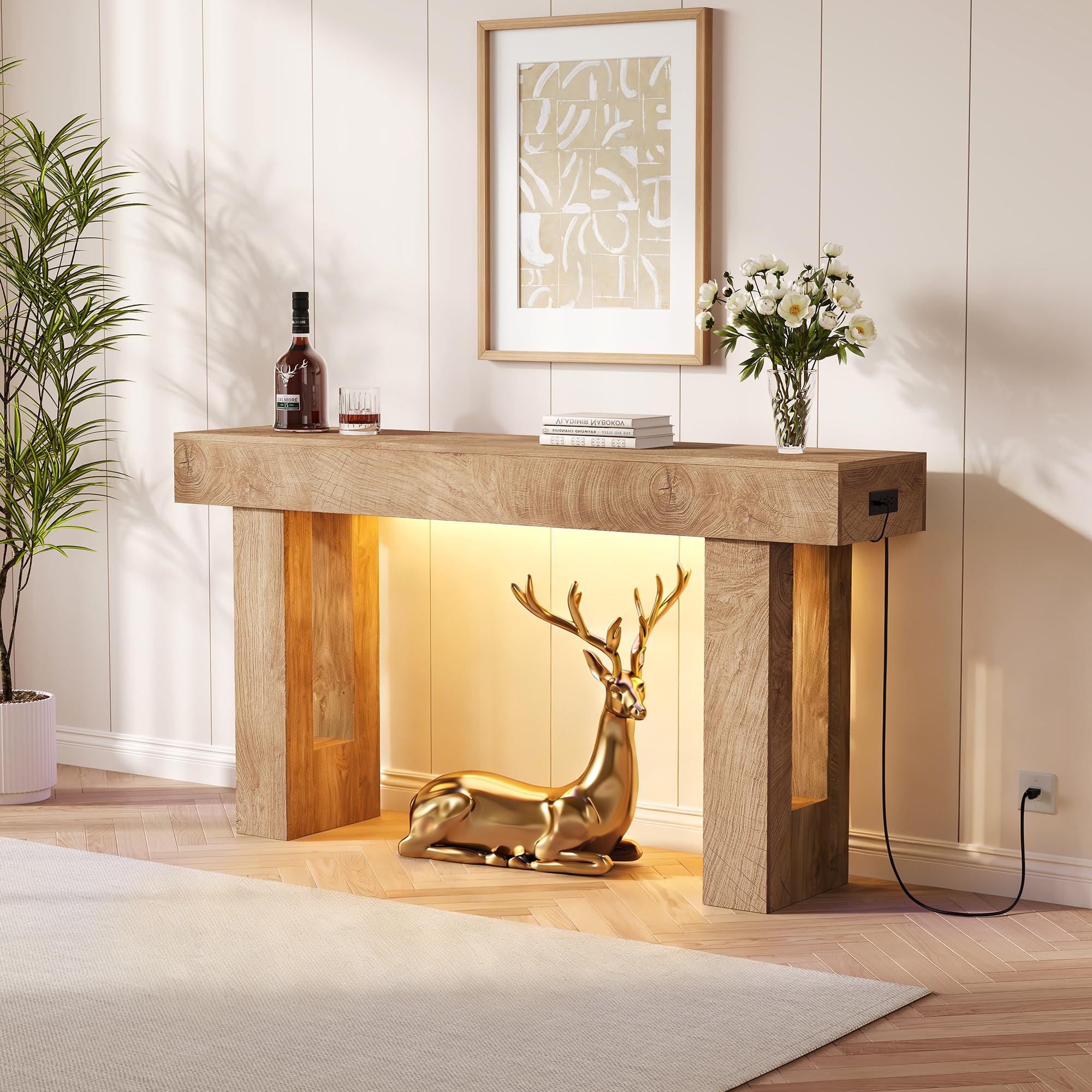 63" Farmhouse Console Table with Outlet (US plug) & Sensor Light, Farmhouse Sofa Table Behind Couch, Rustic Narrow Entryway Table, Modern Entryway Sofa Table, for Living Room Hallway Foyer