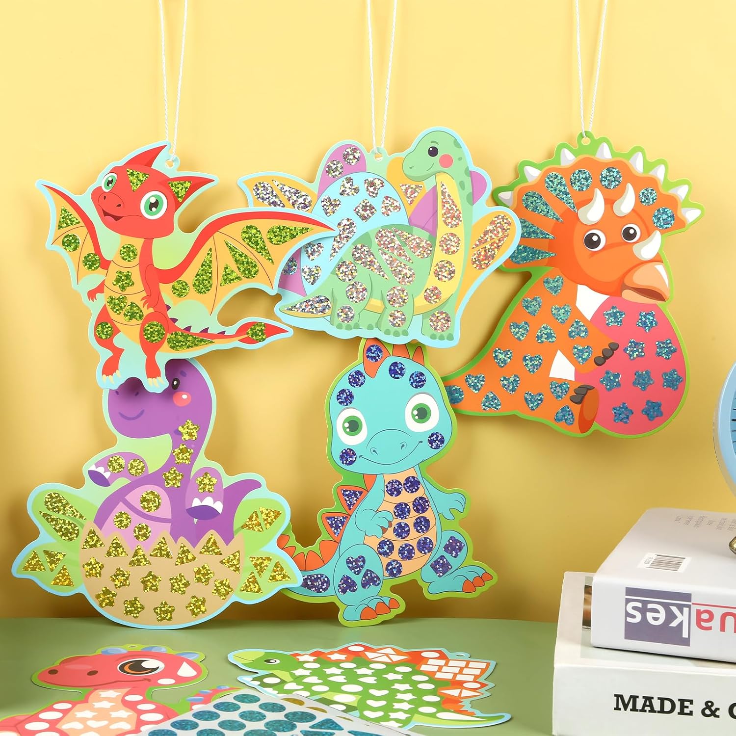 JULEASEL DIY Mirror Mosaic Dinosaur Art Craft Kit, 10 Double-Sided Cards with Dino Designs, 12 Holographic Stickers & Hanging Cords, Arts and Crafts Set for Birthday & Holiday Gift