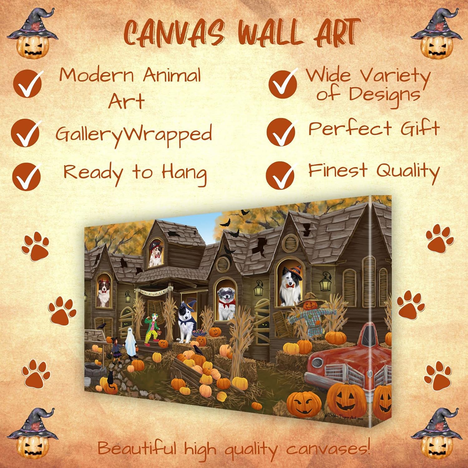 Haunted House with Border Collie Dogs Canvas Wall Art - Premium Quality Ready to Hang Room Decor - Pecan Floating Framed 16" x 16"
