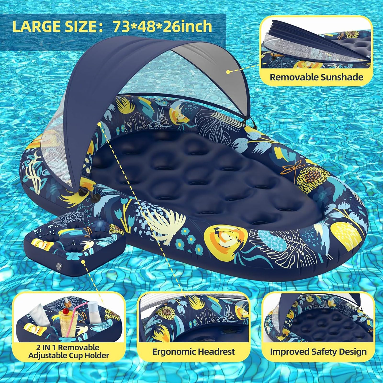 Colchoneta Piscina Adultos 185 * 120cm,Colchoneta Hinchable Piscina,Hinchables para Piscina,con Toldo de Sombra Desmontable,Portabebidas,Hamaca Flotante,para Adultos,Playa,Lago y Verano