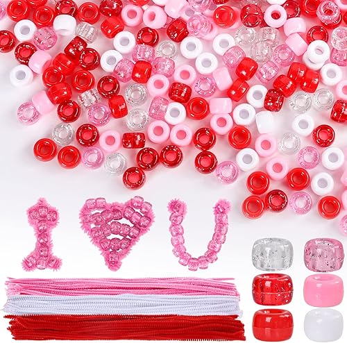 Whaline 1000 cuentas mezcladas de poni para el día de San Valentín con 100 tallos de chenilla, limpiadores de tuberías de color rojo, rosa y blanco,