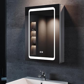 SONNI LED Mirror Cabinet 50 x 70 cm Aluminium Hinge Socket Anti-Fog [Energy Class D]