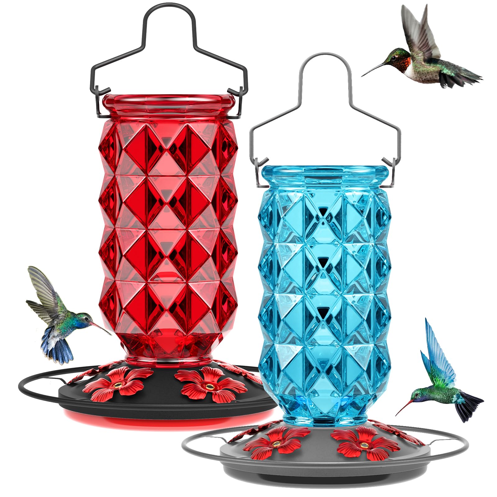 Paquete de 2 comederos de vidrio para colibríes para exteriores, comedero de néctar para pájaros silvestres de 25 onzas con percha y 5 puertos de alimentación de flores, a prueba de fugas, para