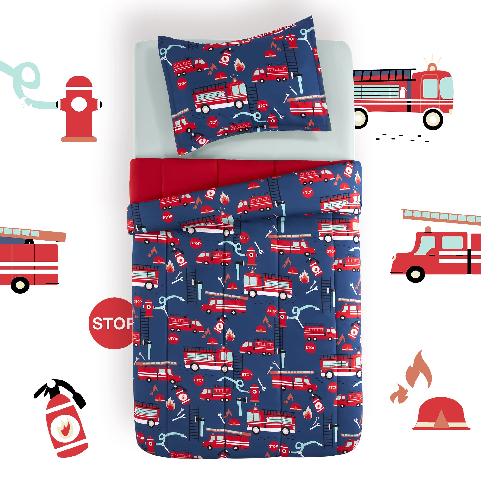 SLEEP ZONE Kids Bedding Twin Comforter Set - Super Soft & Cute Printed 2-Piece Comforter Set All Seasons for Boys, Girls, Fade Resistant, Machine Washable, Fire Truck