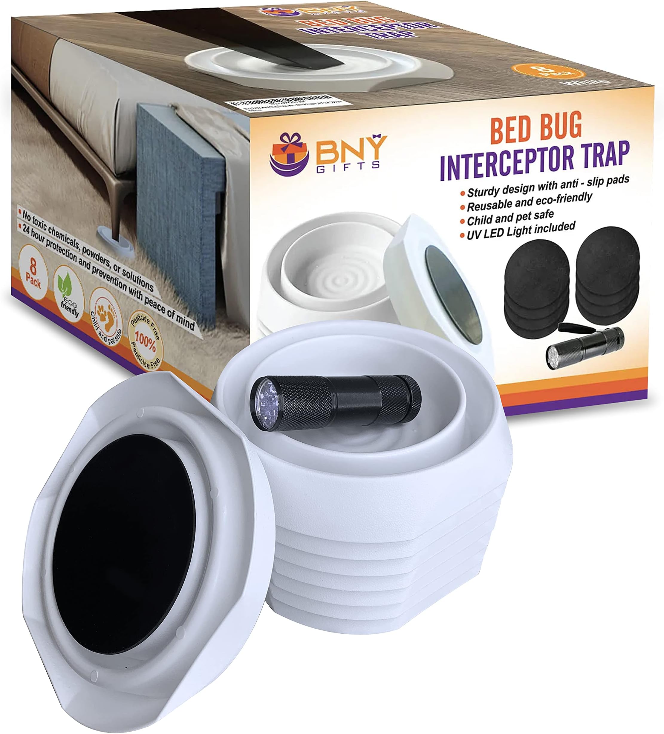 Bed Bug Trap, with Anti Skid Pads and Black Light, 8 Pack, White