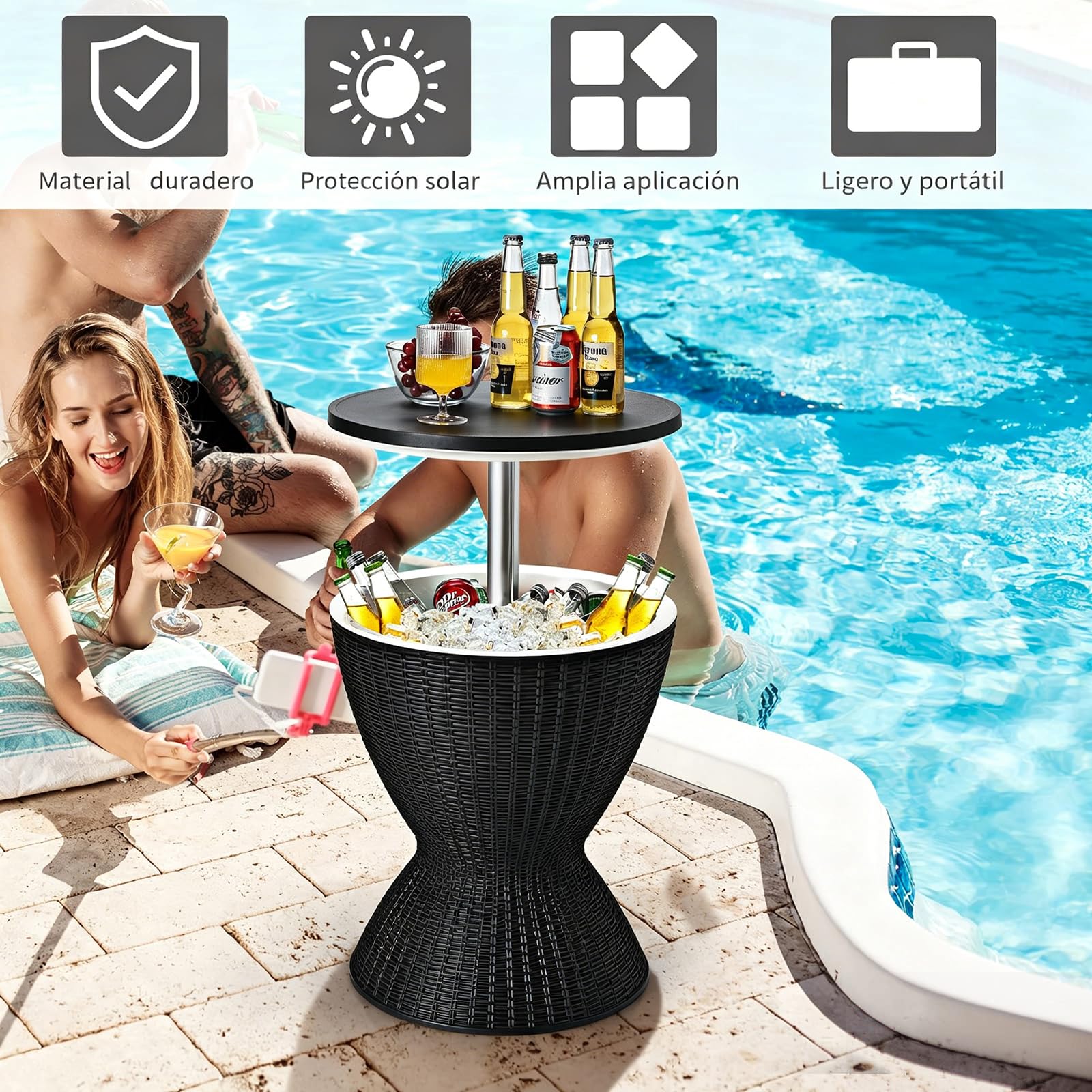 GYMAX Cool Bar 30L Mesa Auxiliar 3 en 1 con Tablero Extensible para Bebidas y Aperitivos, Enfriador de Bebidas en Aspecto de Ratán, Enfriador de Cerveza y Vino para Jardín, Terraza (Negro)
