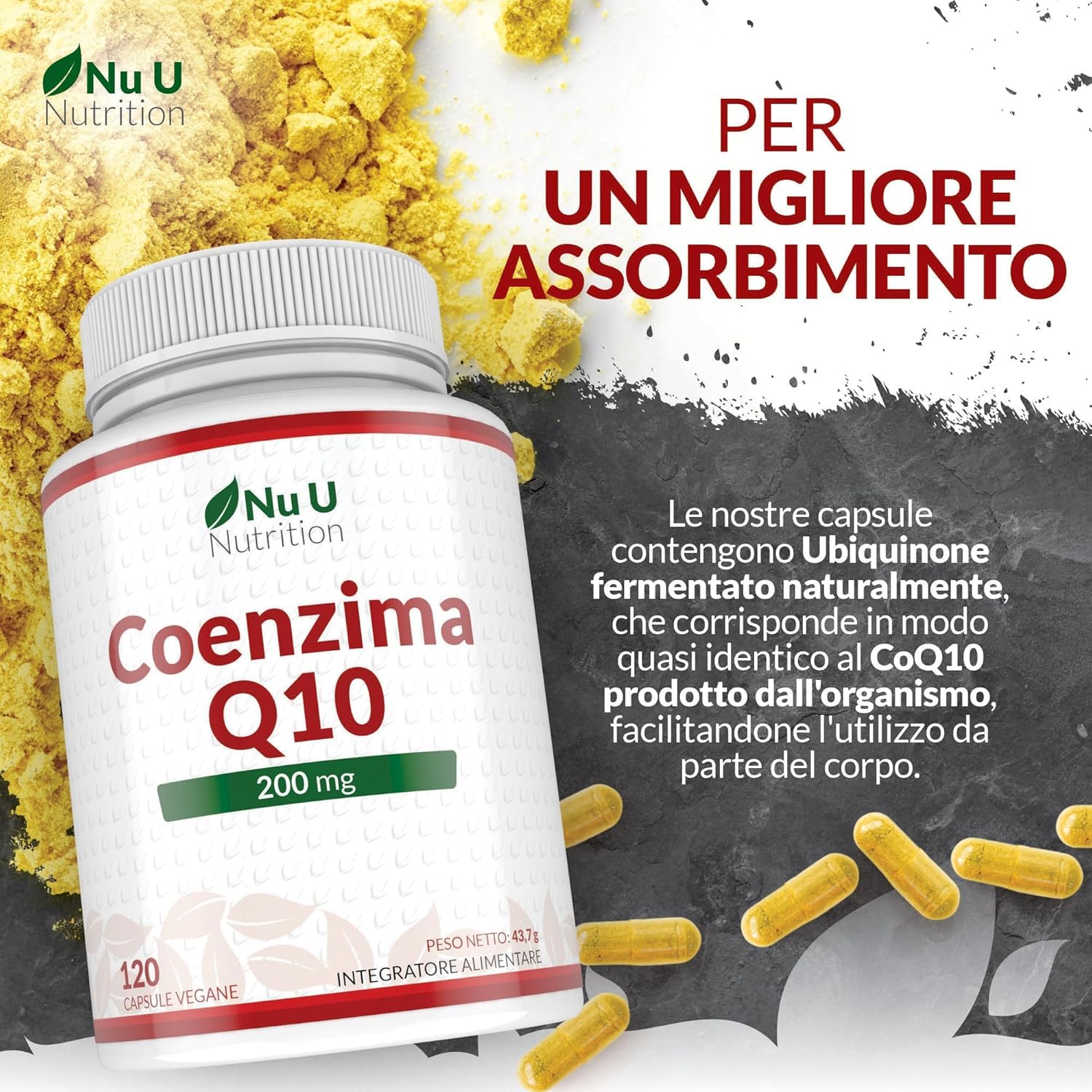 Coenzima Q10 200mg - 120 Capsule Vegane - 2 Mesi di Durata - 100mg di CoQ10 per Capsula - 100% Ubiquinone Puro Fermentato Naturalmente - Prodotto in Europa - Nu U Nutrition