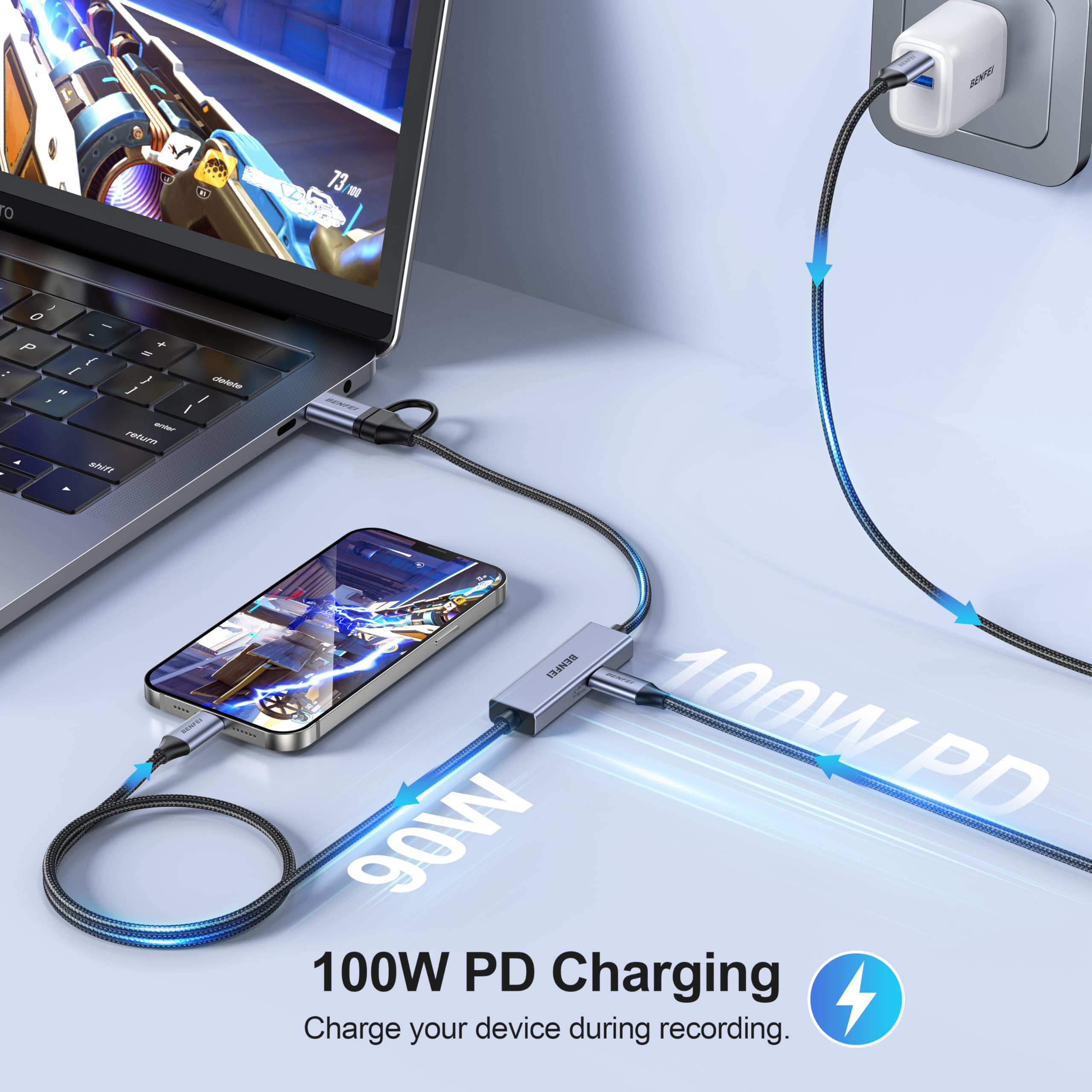 BENFEI USB-C Audio/Video 1080p 60FPS Full HD karta do przesyłania strumieniowego, nagrywania, gier, kompatybilna z Switch, PS4, PS5, Xbox, bezpośrednie połączenie z komputerem Windows/Mac