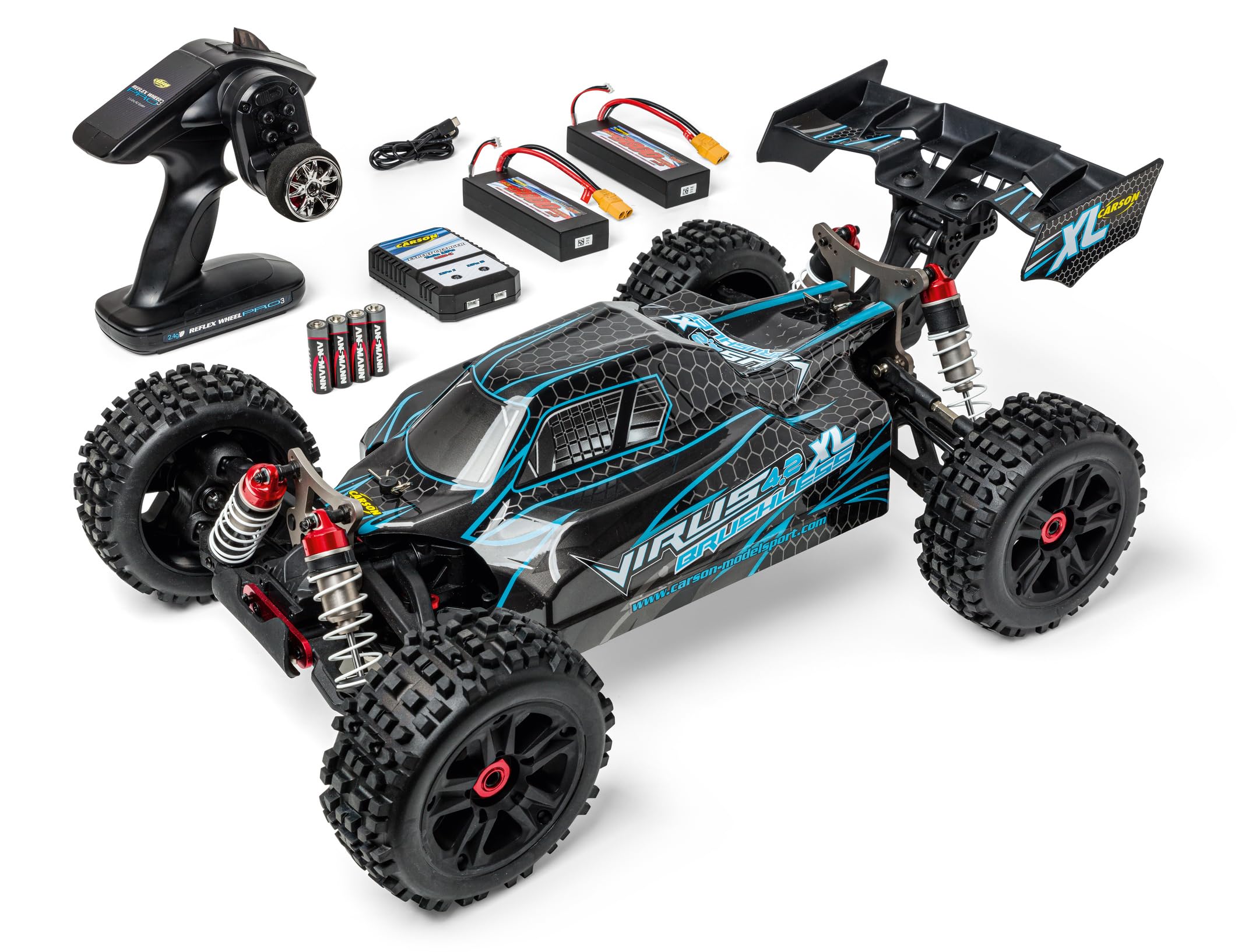 Carson 500409081 1:8 Virus 4.2 XL 100% RTR Negro/Turquesa- Coche RC, Coche teledirigido, Velocidad hasta 80 km/h, Modelo 100% RTR, Mando a Distancia Incluido