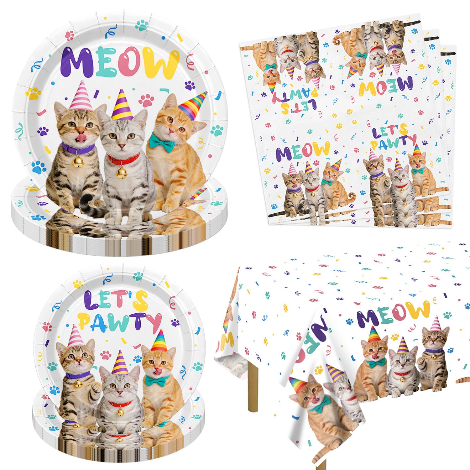 Hegbolke 61 Pcs Cat Birthday Decorations - Including Plates, Napkins, Kitten Tablecloth for Cat Themed Birthday Party Decorations Girl Party, Serve 20, White