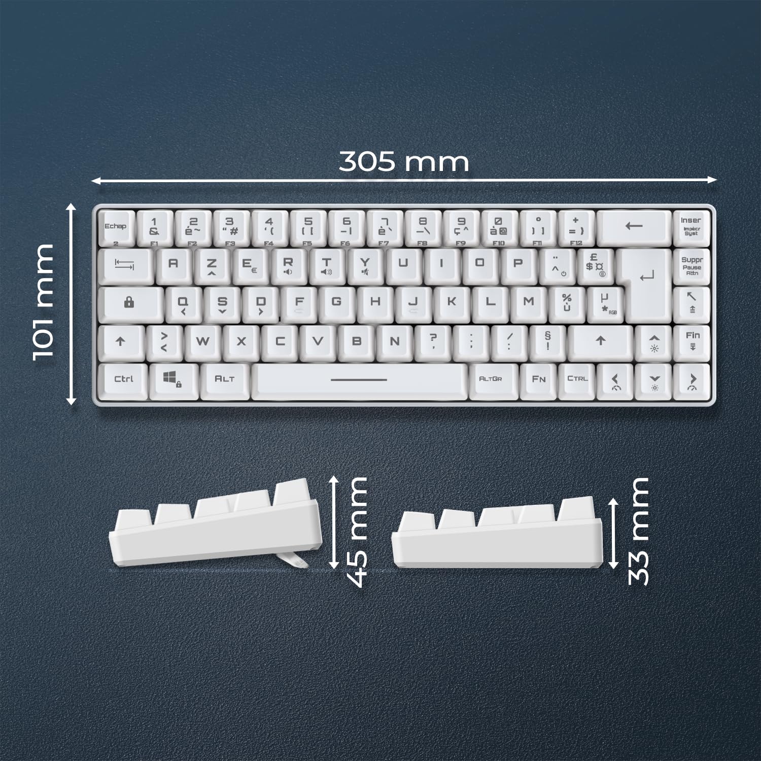 EMPIRE GAMING - K208 Clavier Gamer Filaire TKL Compact (Français AZERTY) 69 Touches RGB - Câble USB Type C détachable Plug & Play - PC/PS4/PS5/Xbox - 23 Touches Anti-Ghosting (Blanc)