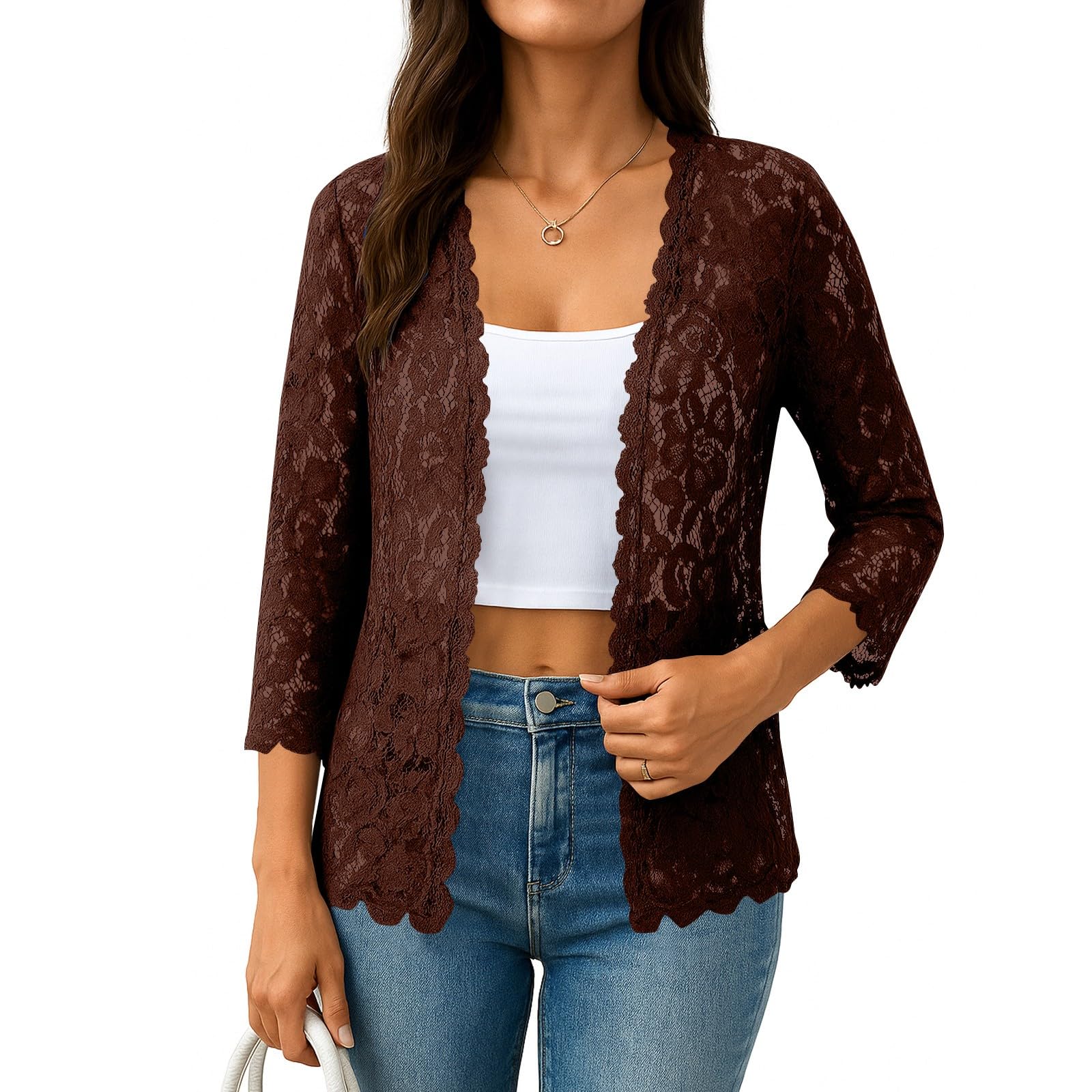Cardigan Femme Manches Trois Quarts Pure Couleur en Dentelle ajourée et Transparente Style Romantique et délicat