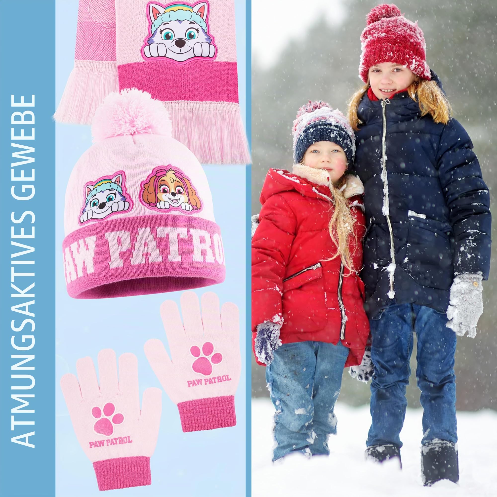 PAW PATROL Beanie Schal Handschuhe Set für Mädchen 3–7 Jahre, Weiches Strickmaterial, Kawaii Rosa Design, Geschenk für Kinder