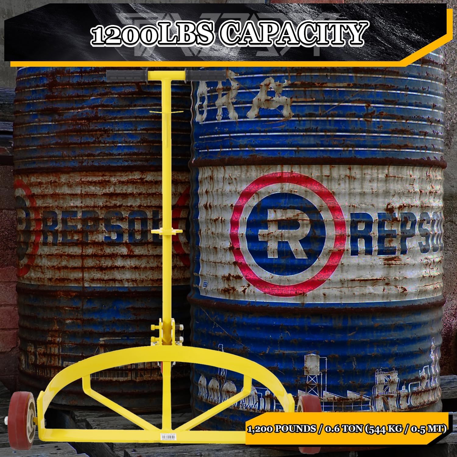 55 Gallon Drum Dolly 1200lbs Capacity Oil Drum Cart with Pivoting T Handle Low Profile Oil Barrel Drum Roller Cart Heavy Duty Oil Drum Caddy with Rotating Wheels for Workshop Factory Warehouse