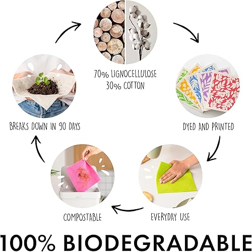 Miniatura 8 de SUPERSCANDI Paquete de 5 paños de cocina suecos para cocina, 100% biodegradables y compostables, reutilizables, lavables, seguros para alimentos y
