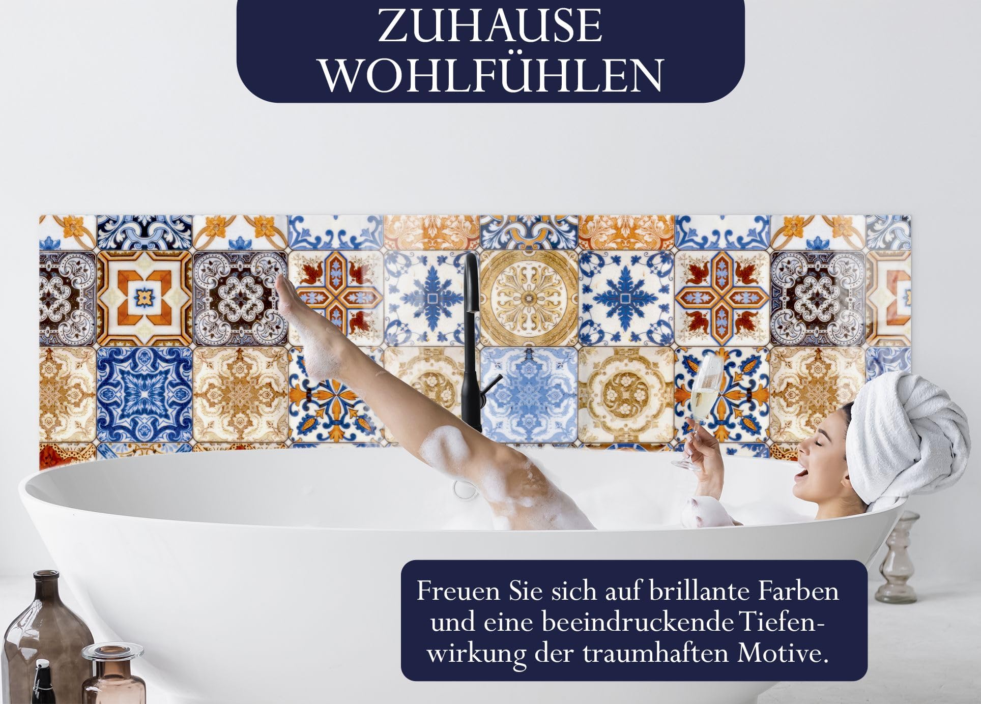 timalo Waschbecken und Badewannenrückwand 120 x 60 cm - aus Acrylglas | Azulejo Muster – mediterrane Fliesen | Wandpaneele Bad Badrückwand Platte Badewanne Rückwand Badezimmer Glasoptik