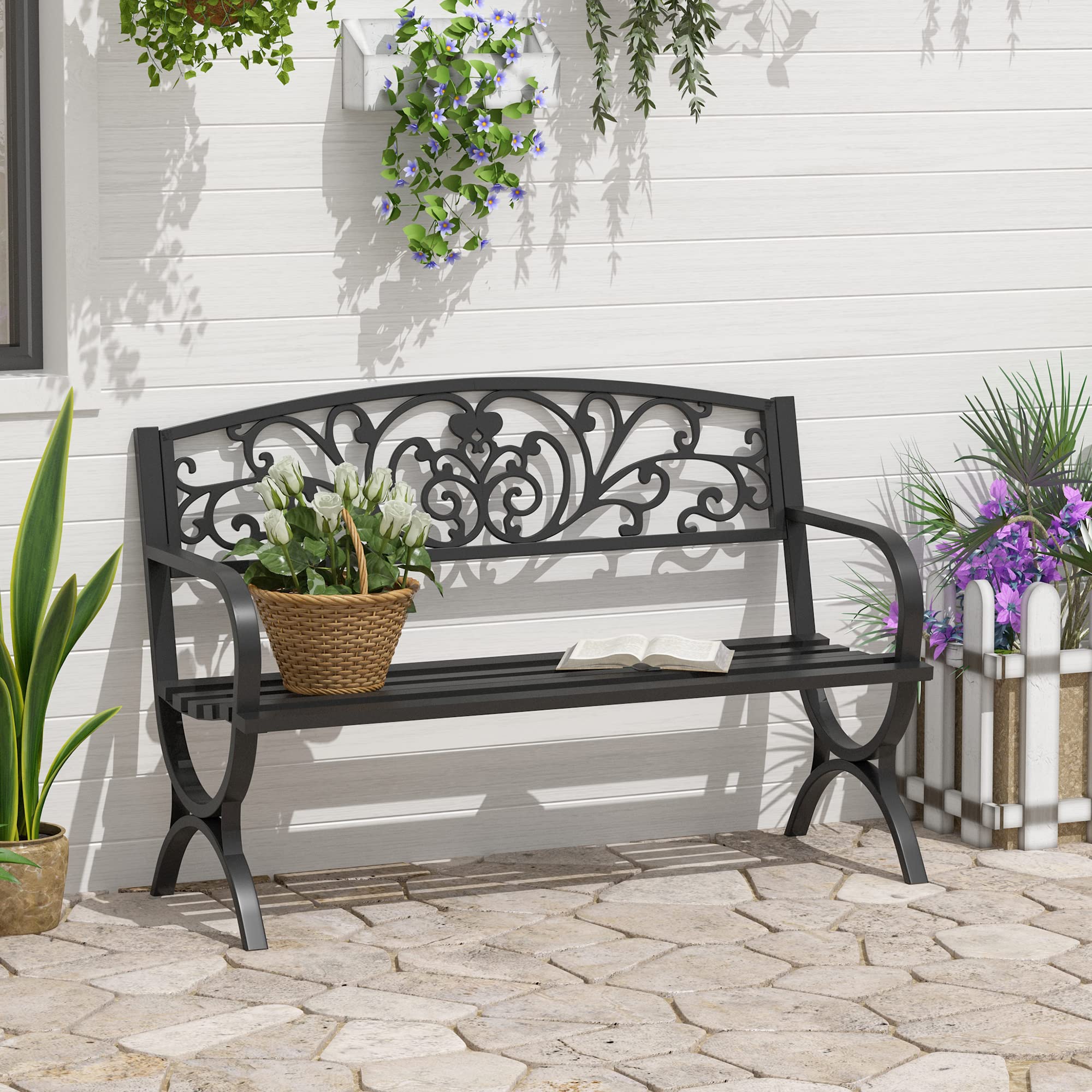 Outsunny Banco de Jardín de 2 Plazas Banco de Terraza de Hierro con Diseño Clásico Patrón Floral Carga 240 kg 127x60x85cm Negro