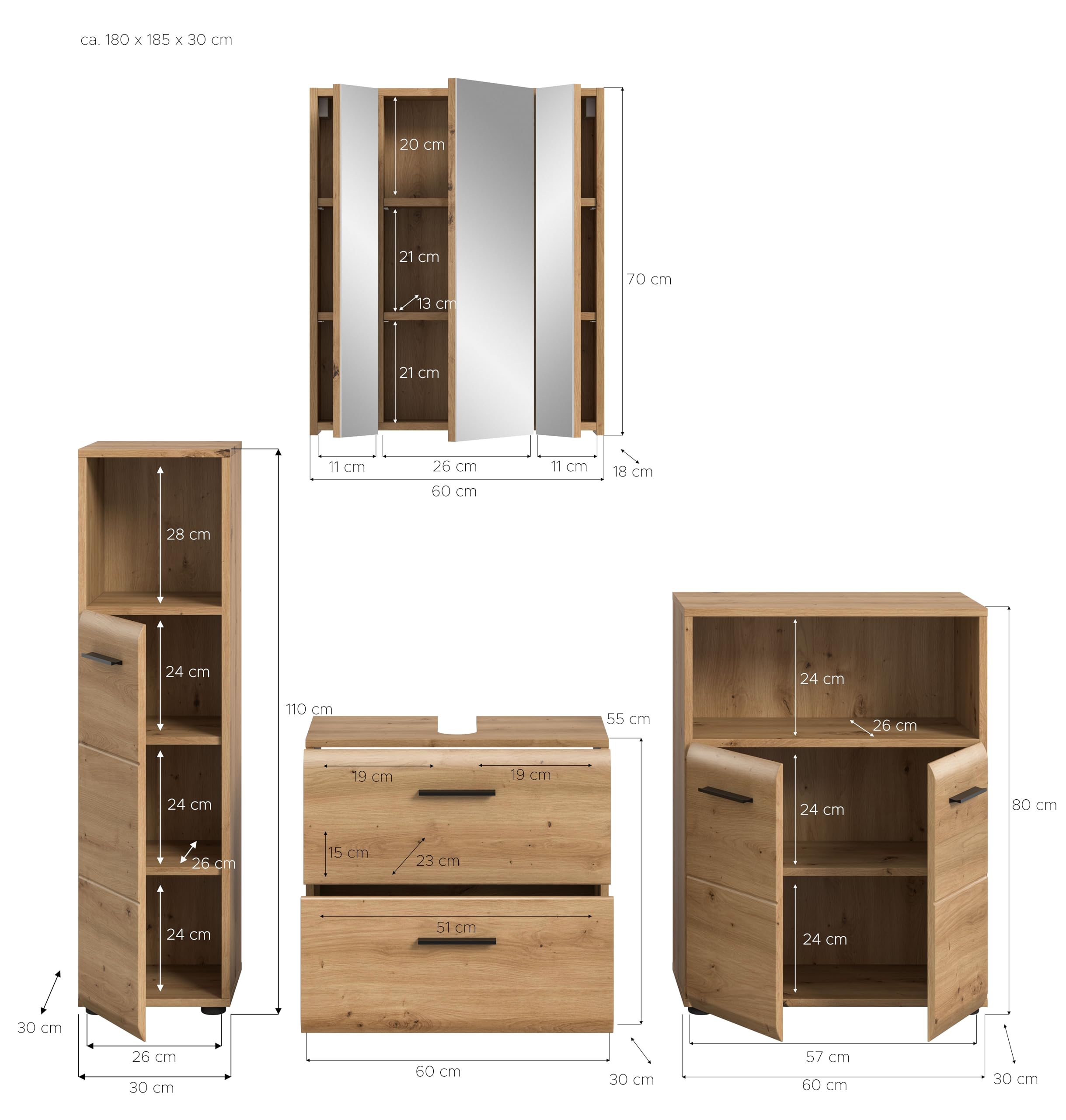 xonox.home – 4 TLG. Badkombination Ice 180x185x30 cm in Korpus und Front Artisan Oak Nachbildung – Moderne Badezimmermöbel Kombination – stilvoll – Bild 4
