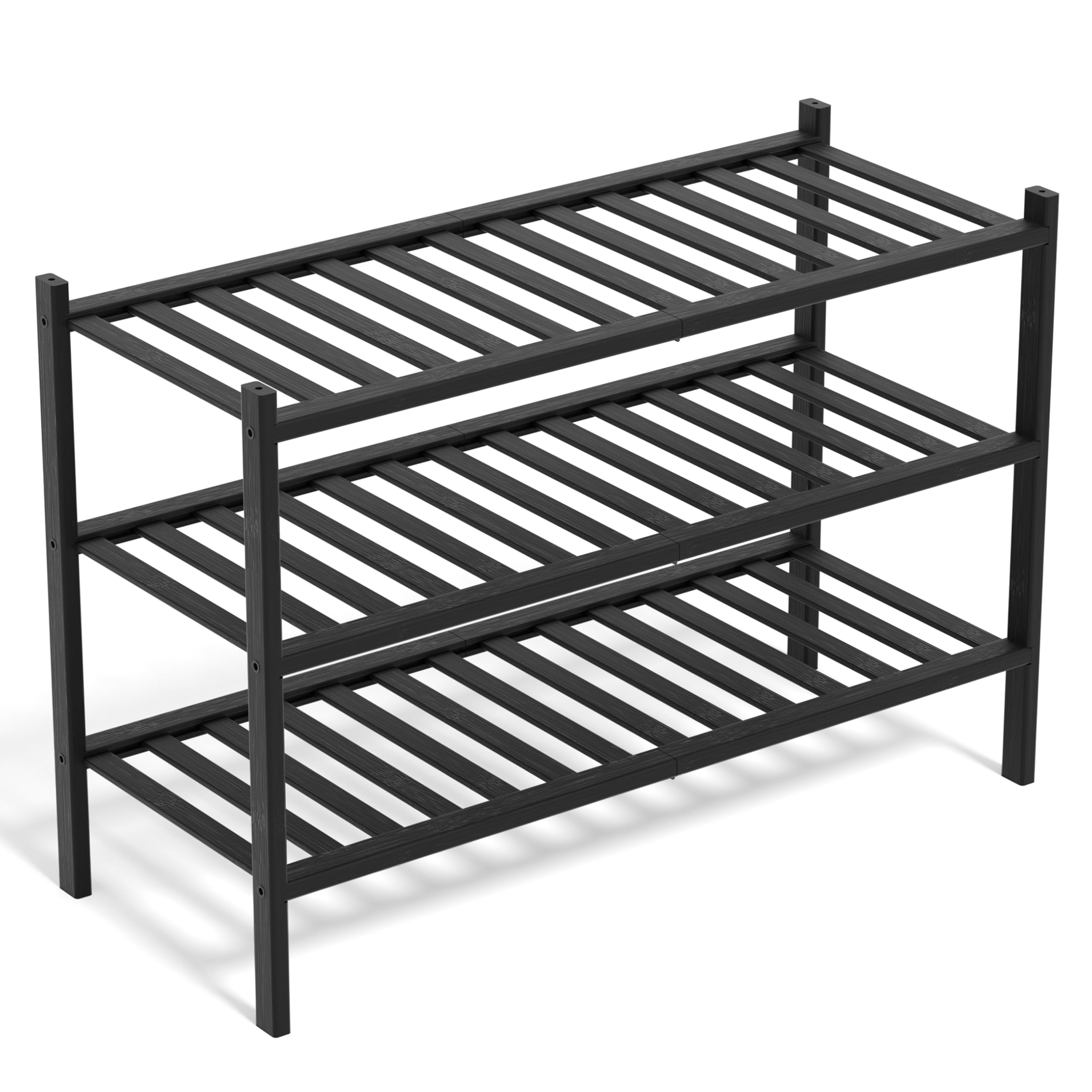 Bamboo Wooden Shoe Rack 3 Tiers – Small Slim Shoe Storage Organiser Hallway Cabinet Stand 68x28x46 cm – Shoe Shelf for Narrow Space Stackable Expandable (Black)