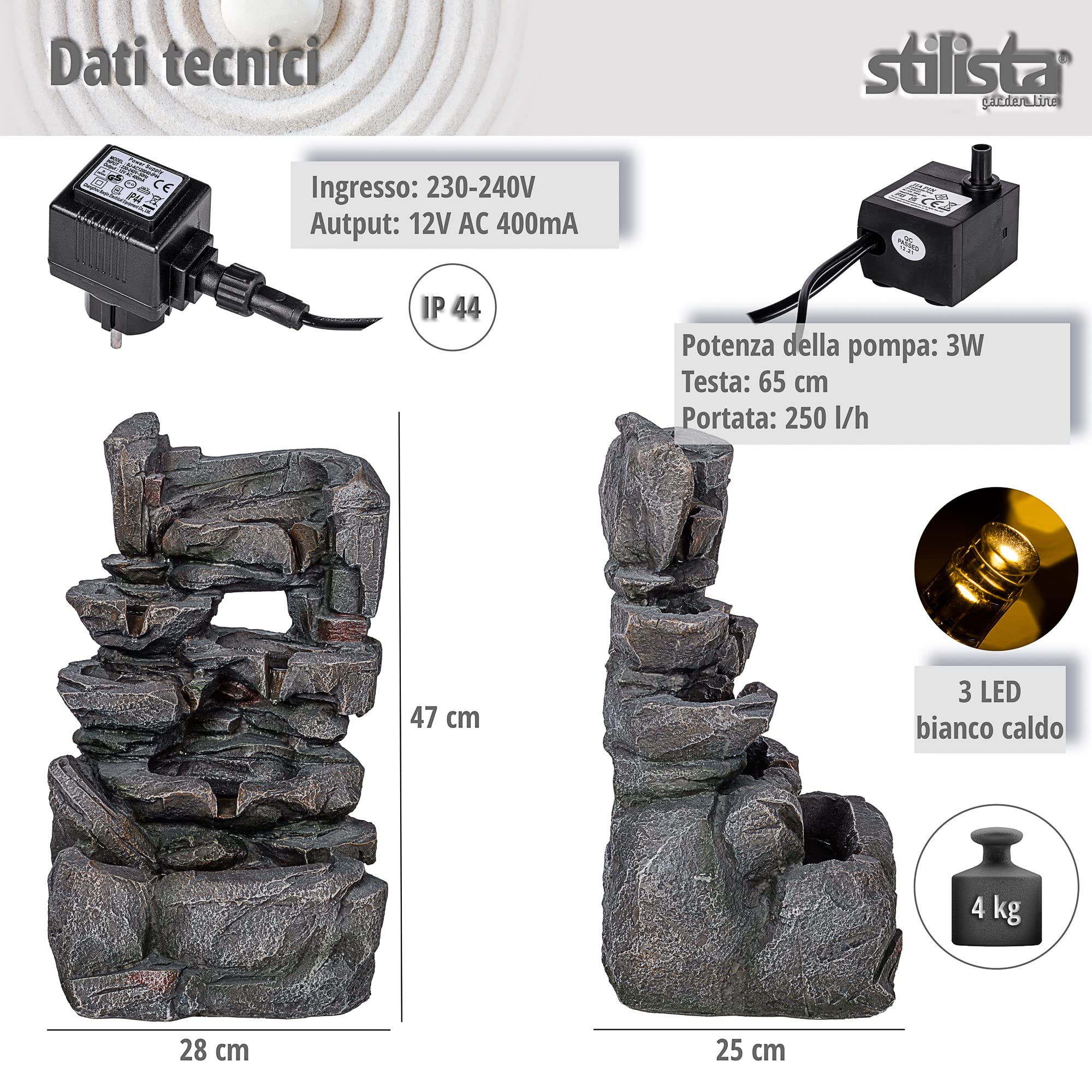 STILISTA Fontana da giardino con cascata in pietra, 47 x 28 x 25 cm, con illuminazione a LED, pompa inclusa