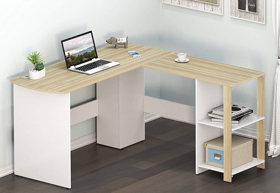 Amazon.co.jp: SHW L字型ホームオフィスコーナーデスクウッド