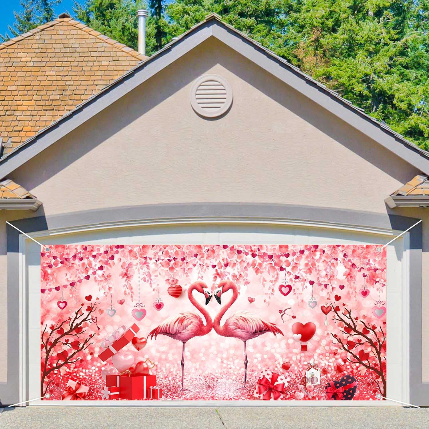 Happy Valentine's Day Garage Door Decorations Cover, Romantic Valentines Pink Flamingo Red Love Heart Tree Garage Door Banner, Indoor Outdoor Valentines Party Decorate Backdrop, 16X7FT