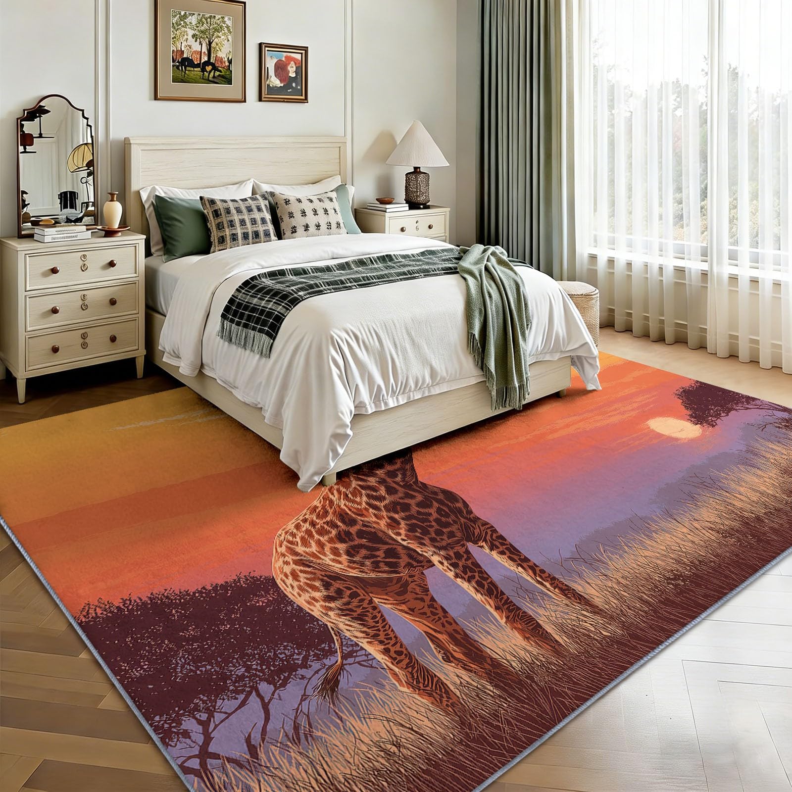 Teppich Wohnzimmer Modern Sonnenuntergangsgiraffe 80x150cm Waschbarer Kurzflor Teppich rutschfest Weich für Flur, Schlafzimmer und Büro, Wohndekoration