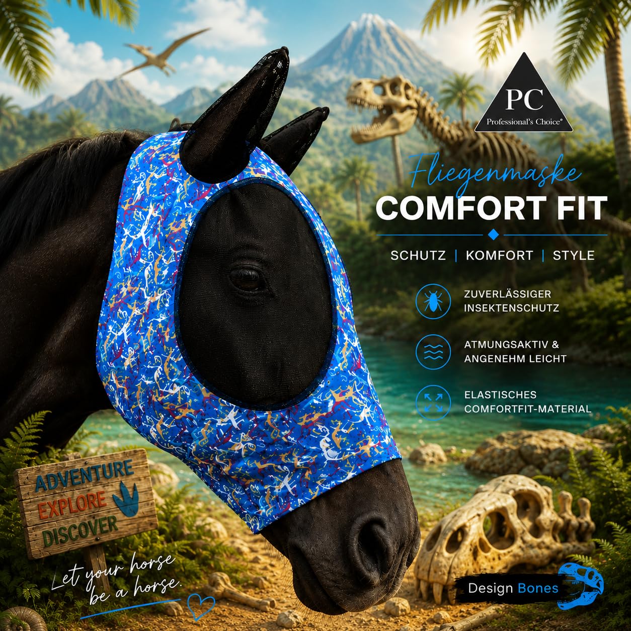 Fliegenmaske Pferd ohne Klett – enganliegend & rutschfest – mit Ohrenschutz – Comfort Fit Design Bones Größe Cob/Vollblut